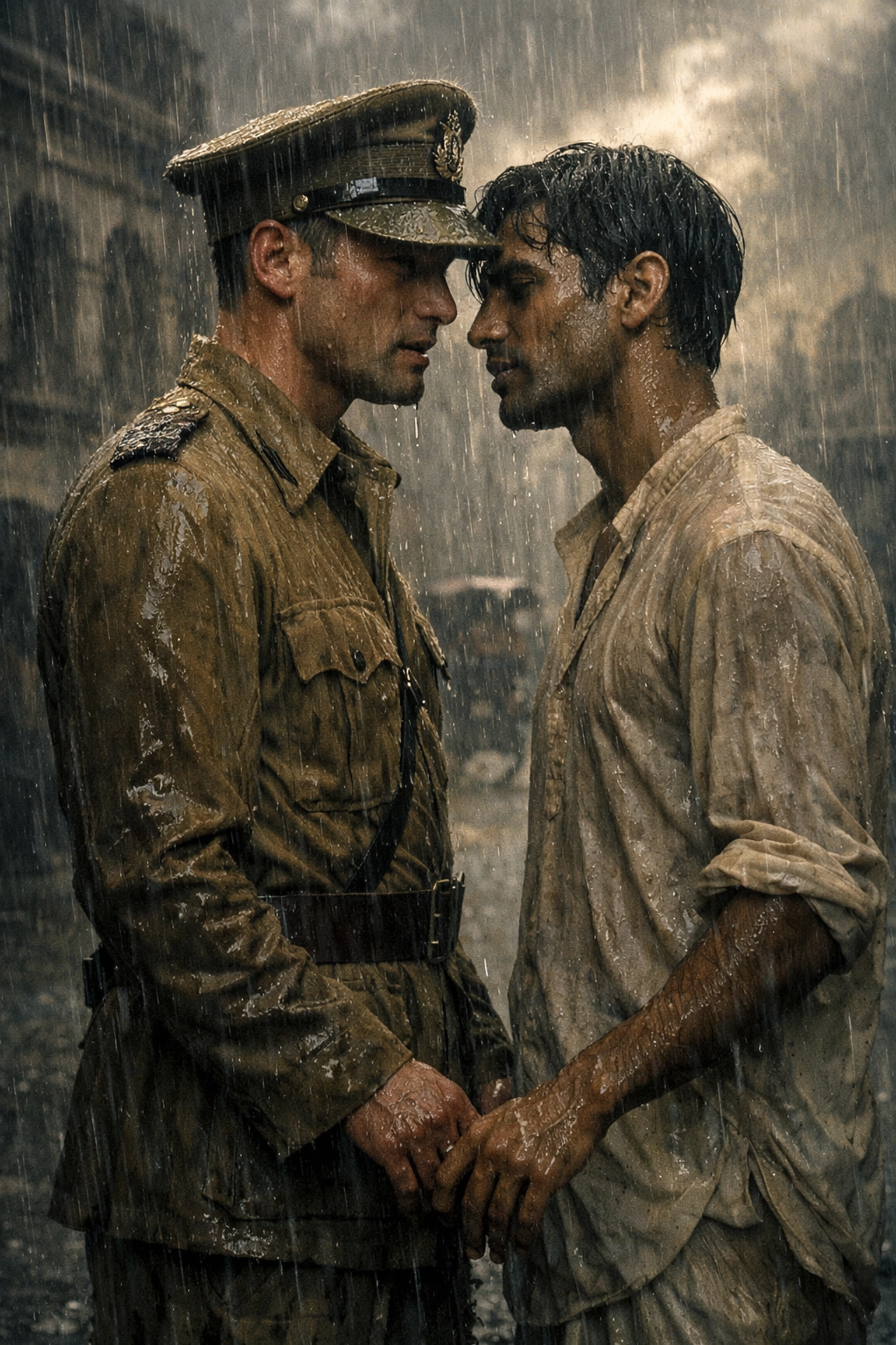 Gay romance in British Raj WWII: British officer and Indian man in monsoon rain, forbidden love