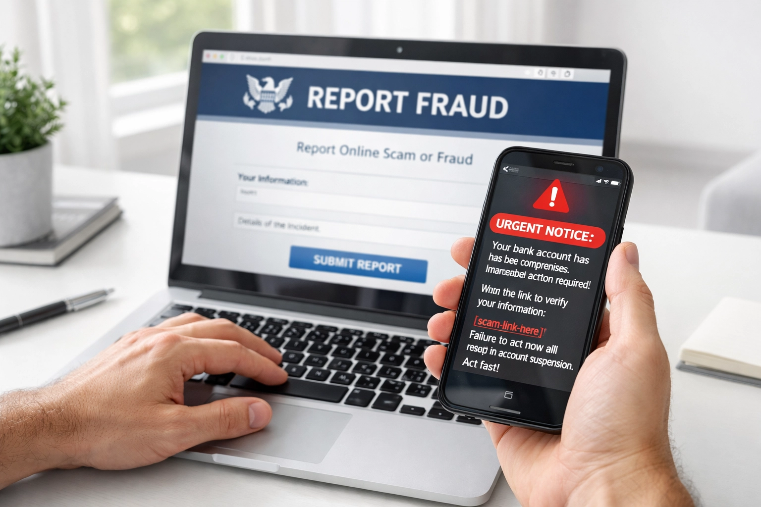 Person reporting tax refund scam text message to authorities online