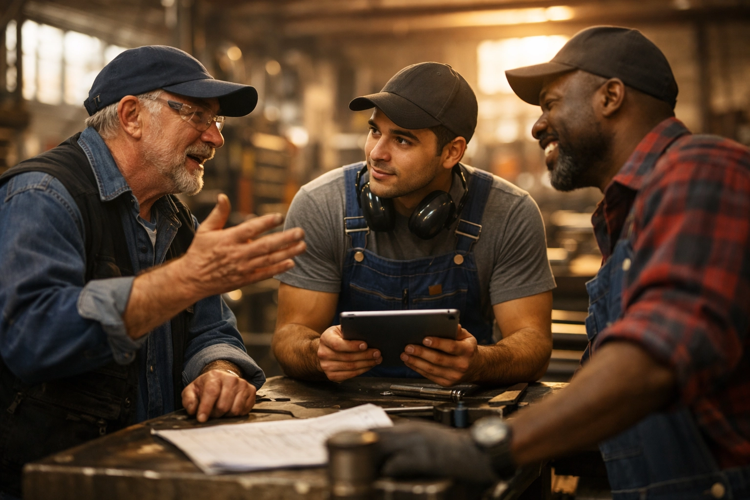 Diverse manufacturing team collaborating on factory floor workstation