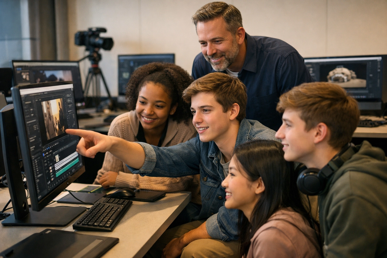 Students and a teacher collaborating in a modern digital media lab focusing on educational technology innovation.