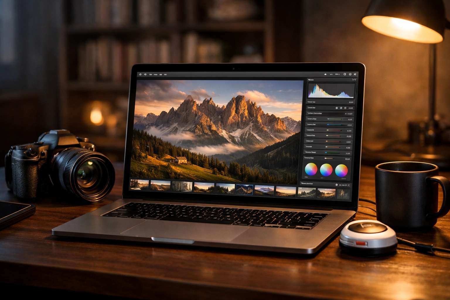Professional workspace with laptop and camera using modern tools for RAW photo editing.
