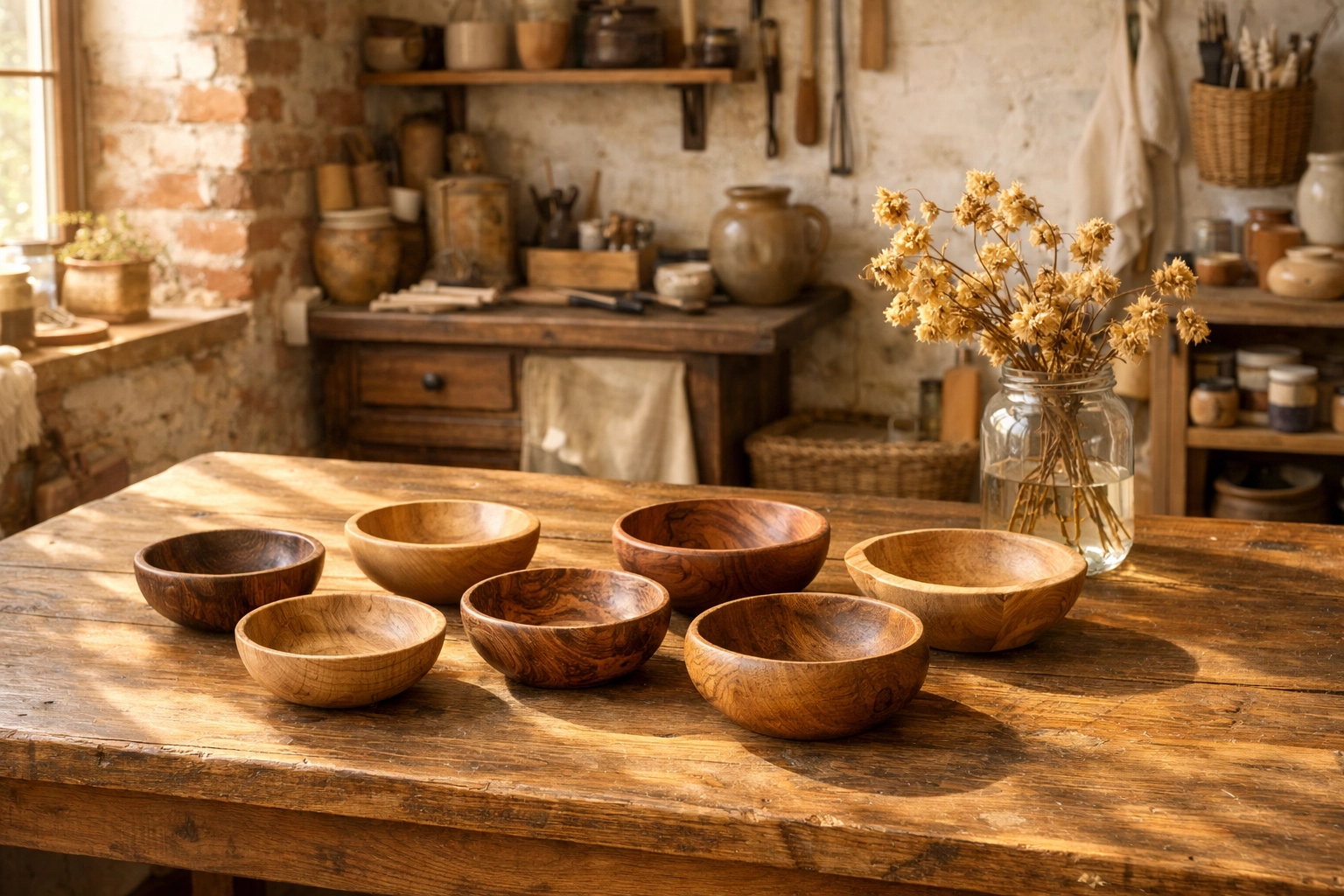 Limited edition handcrafted gifts and wooden bowls in a sunlit home decor boutique studio.