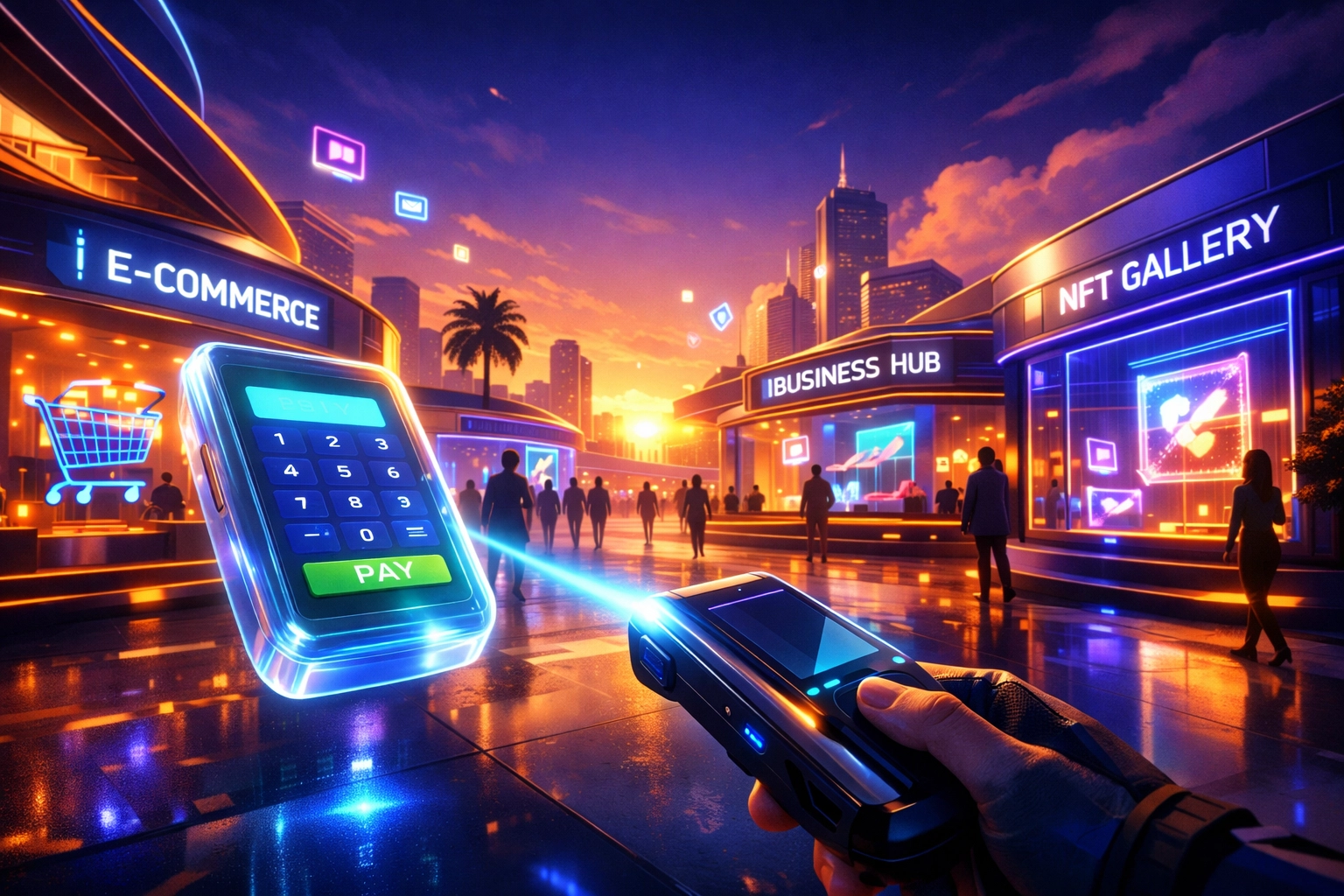 Futuristic metaverse marketplace using Larecoin.ai for seamless B2B2C Web3 payment processing.