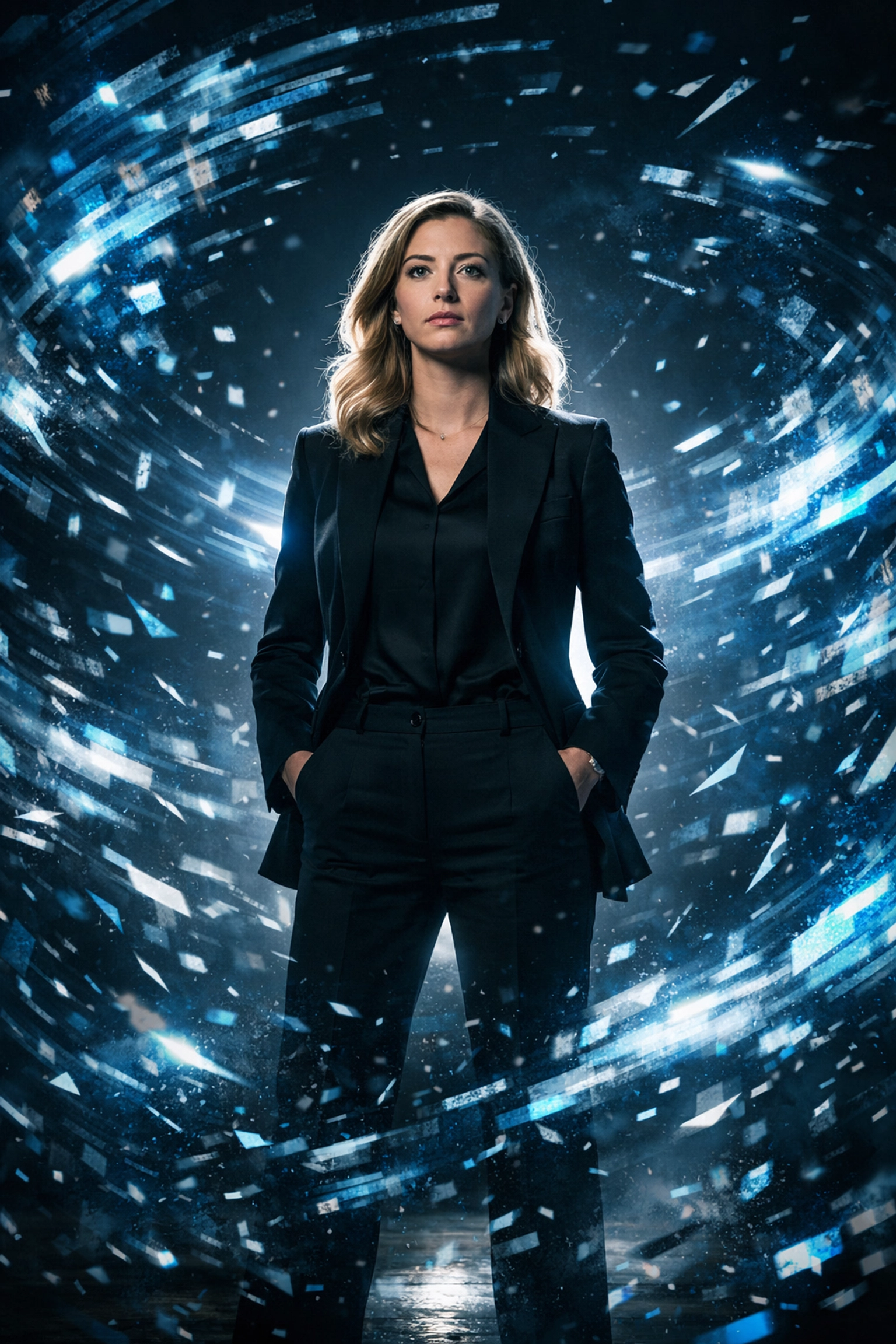 Empowered woman standing firm against digital chaos, illustrating Whitney Wolfe Herd’s resilience and focus.