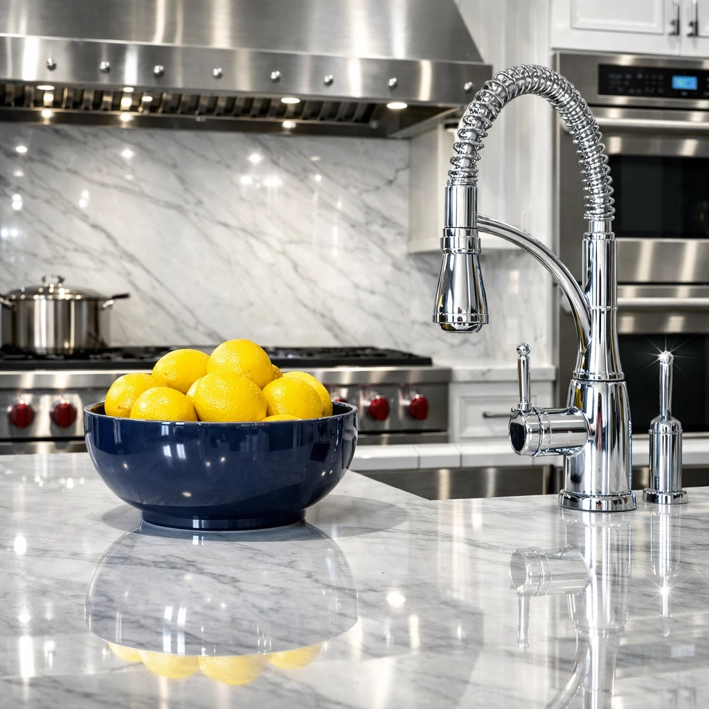 Deep-cleaned luxury kitchen in Marblehead with sparkling marble counters and hygienic stainless appliances.