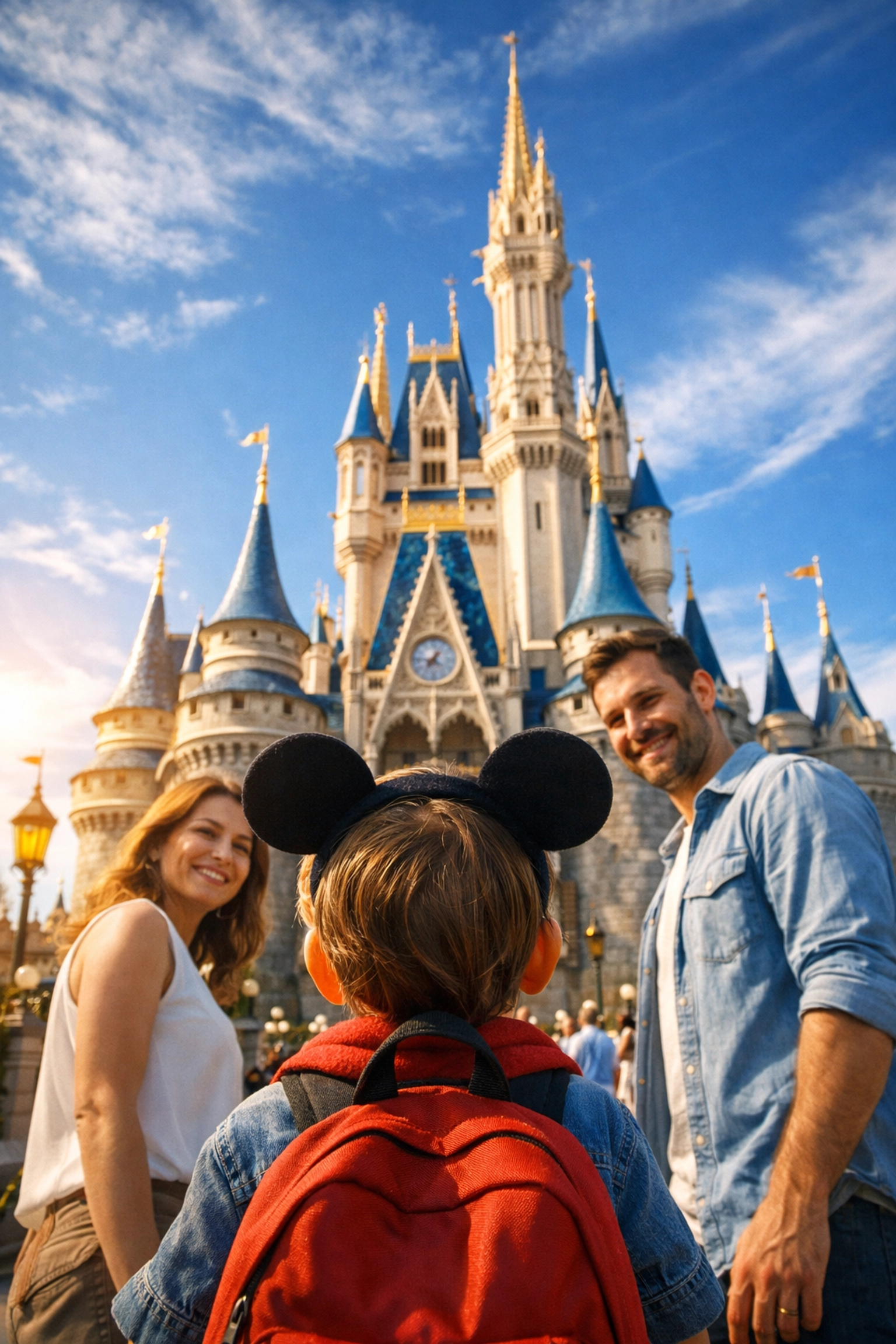 Child looking at a theme park castle with parents on a seamless, professionally planned vacation.
