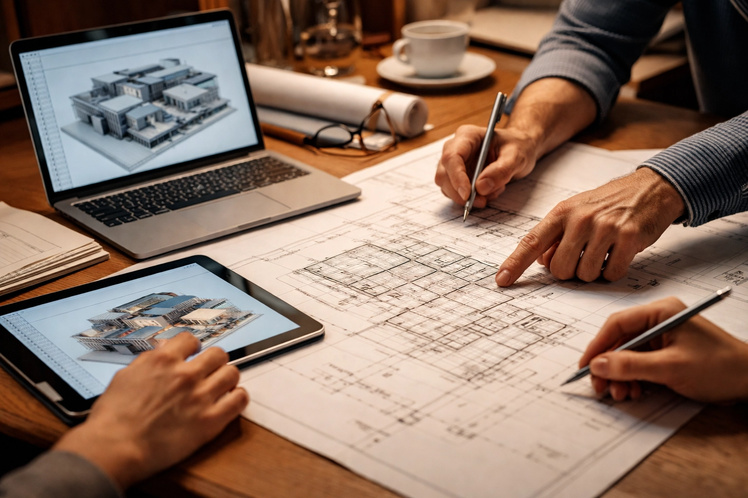 Generational hands collaborating on business plans, blending tradition with digital innovation