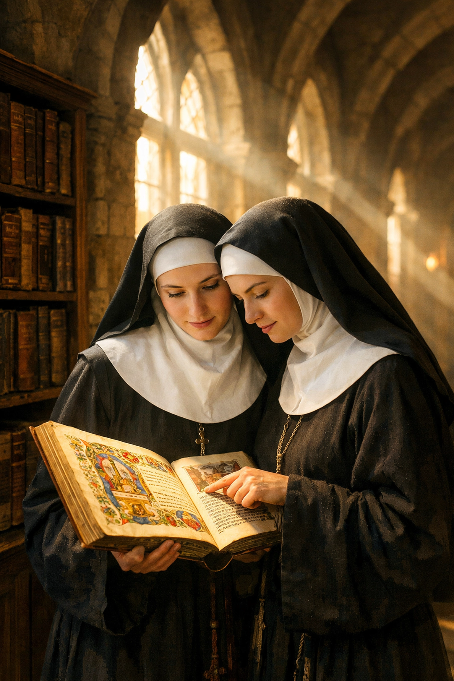 Medieval nuns reading manuscript together in monastery corridor