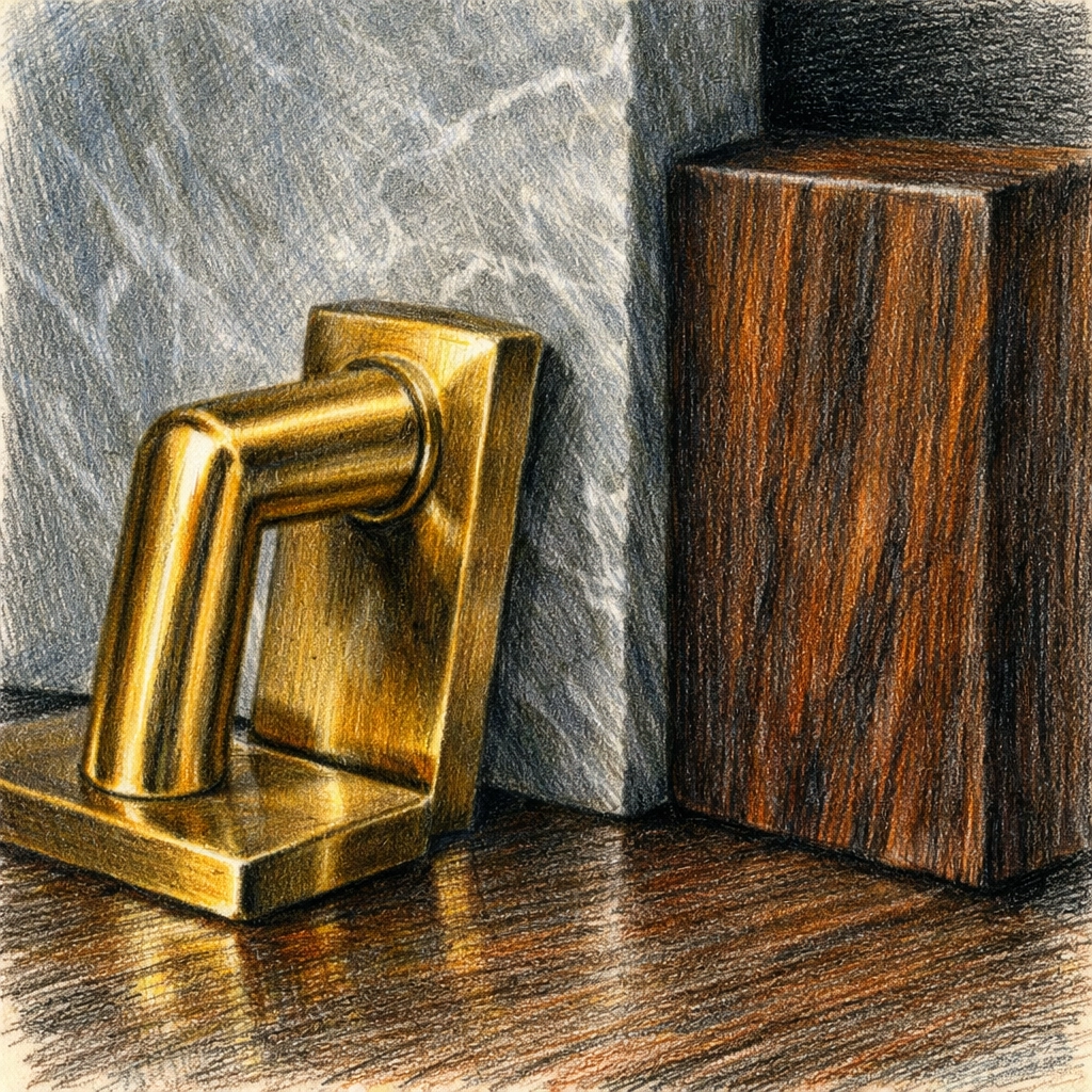 Close-up of luxury hospitality materials including bronze, marble, and sustainable wood.