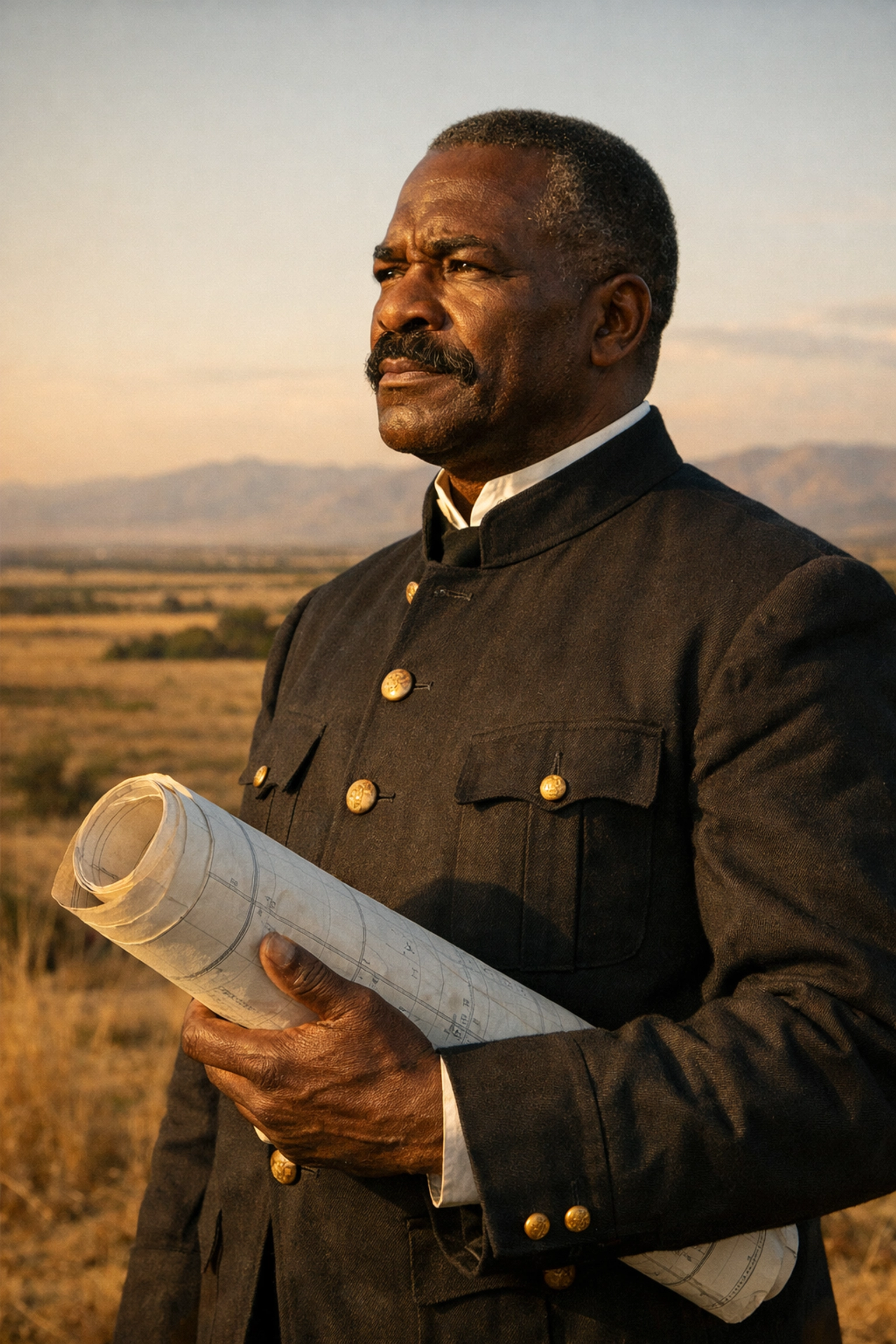 Colonel Allen Allensworth holding town blueprints in the California Central Valley landscape.