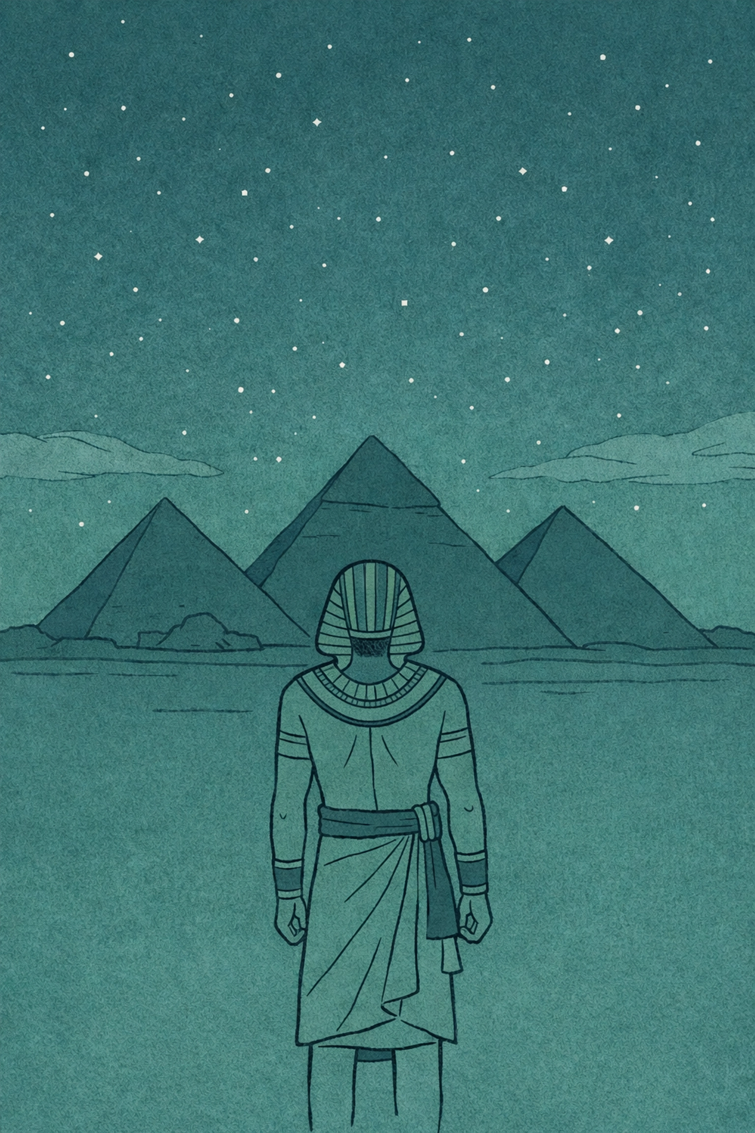 Solitary Egyptian royal consort beneath pyramids at night depicting isolation and identity struggle