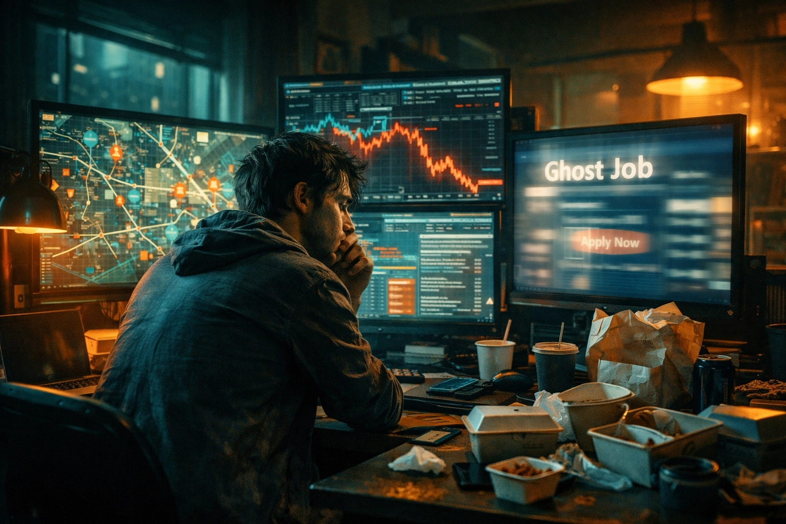 An exhausted worker staring at screens displaying ghost job portals and declining stock market charts.