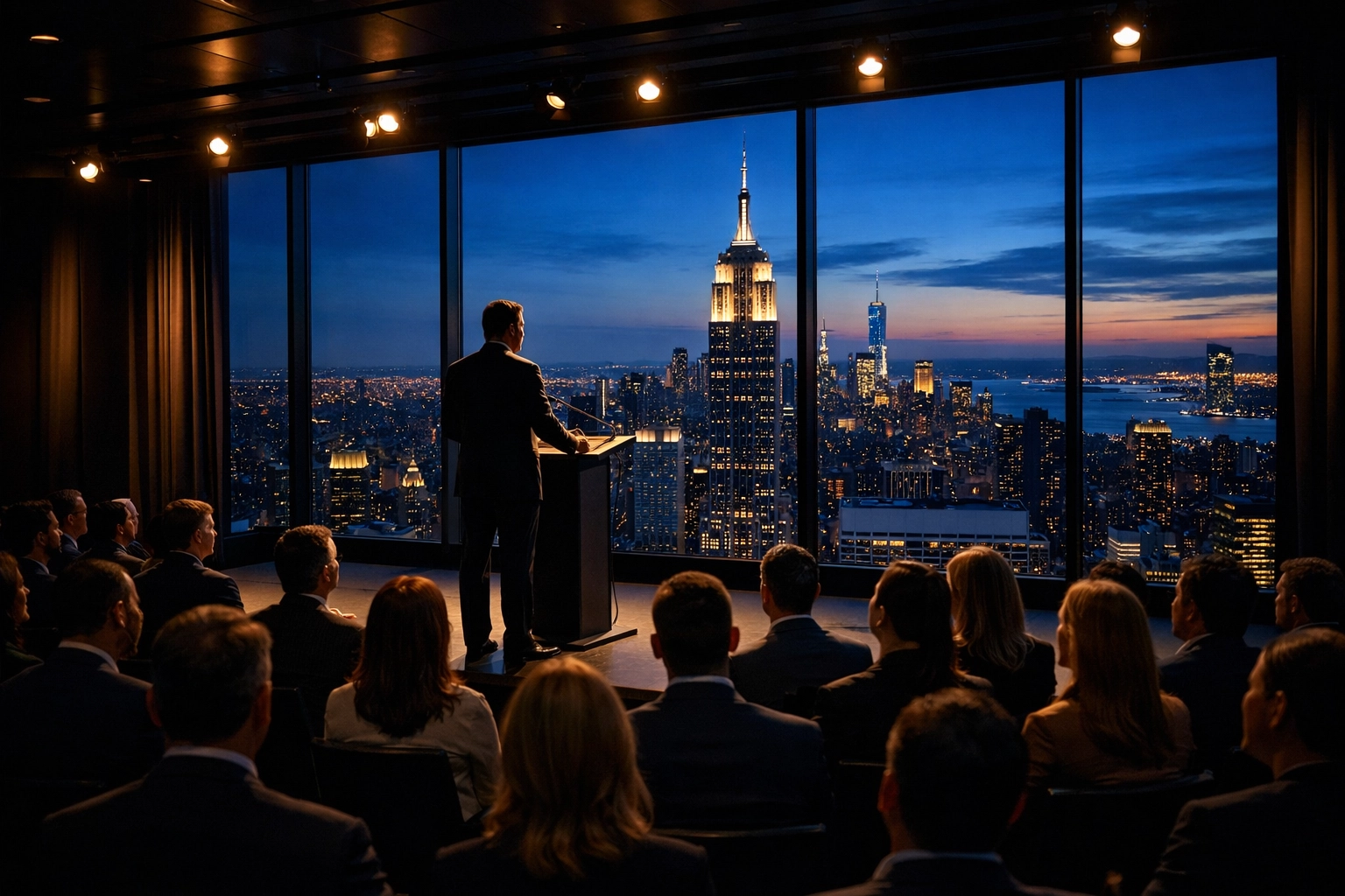 Professional corporate event photography of a keynote speaker in a luxury NYC skyscraper.