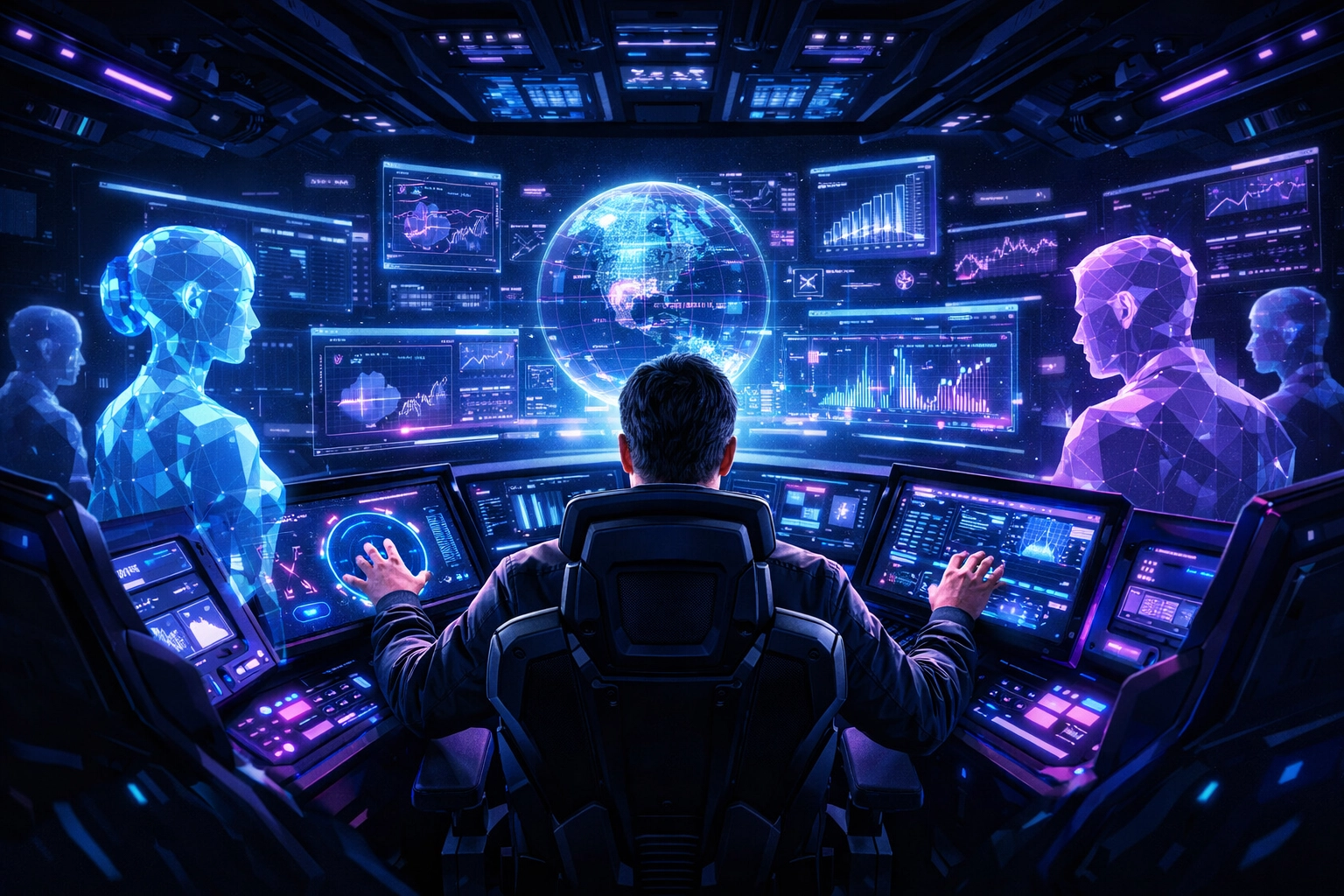 Professional managing an AI-powered workflow to showcase human-led intelligent automation skills.