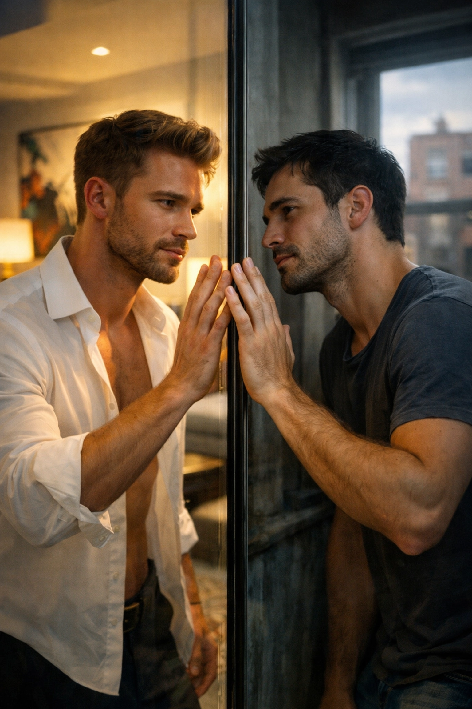 Two men separated by glass wall representing MM romance wealth barriers and class divide