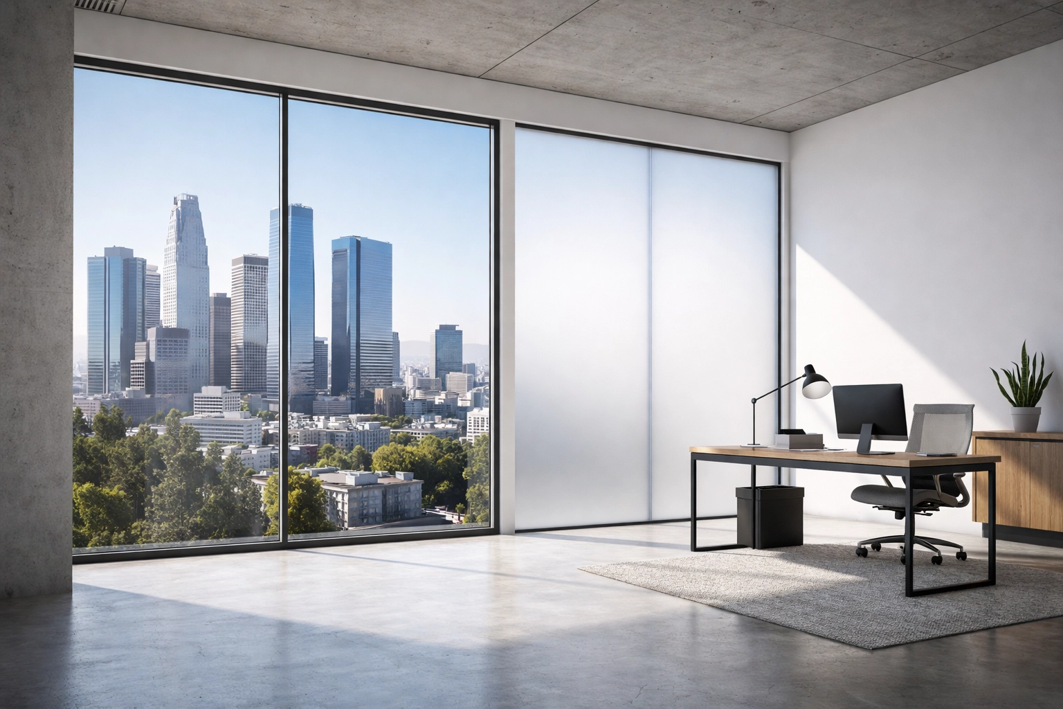 Modern executive office with two glass wall panels, one clear and one opaque, demonstrating switchable smart film privacy.