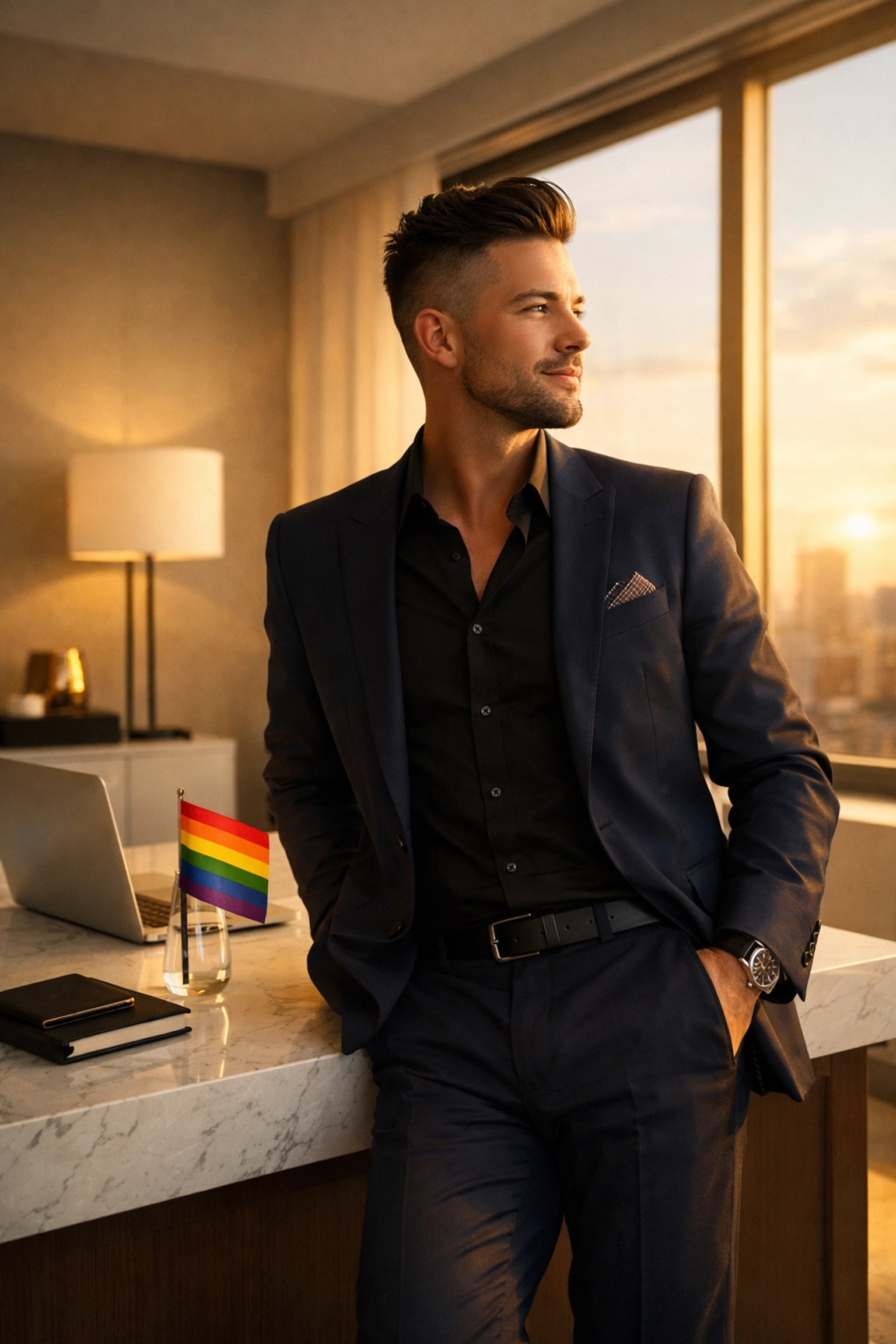 A queer professional in a modern office setting demonstrating inclusive leadership and career growth strategies.
