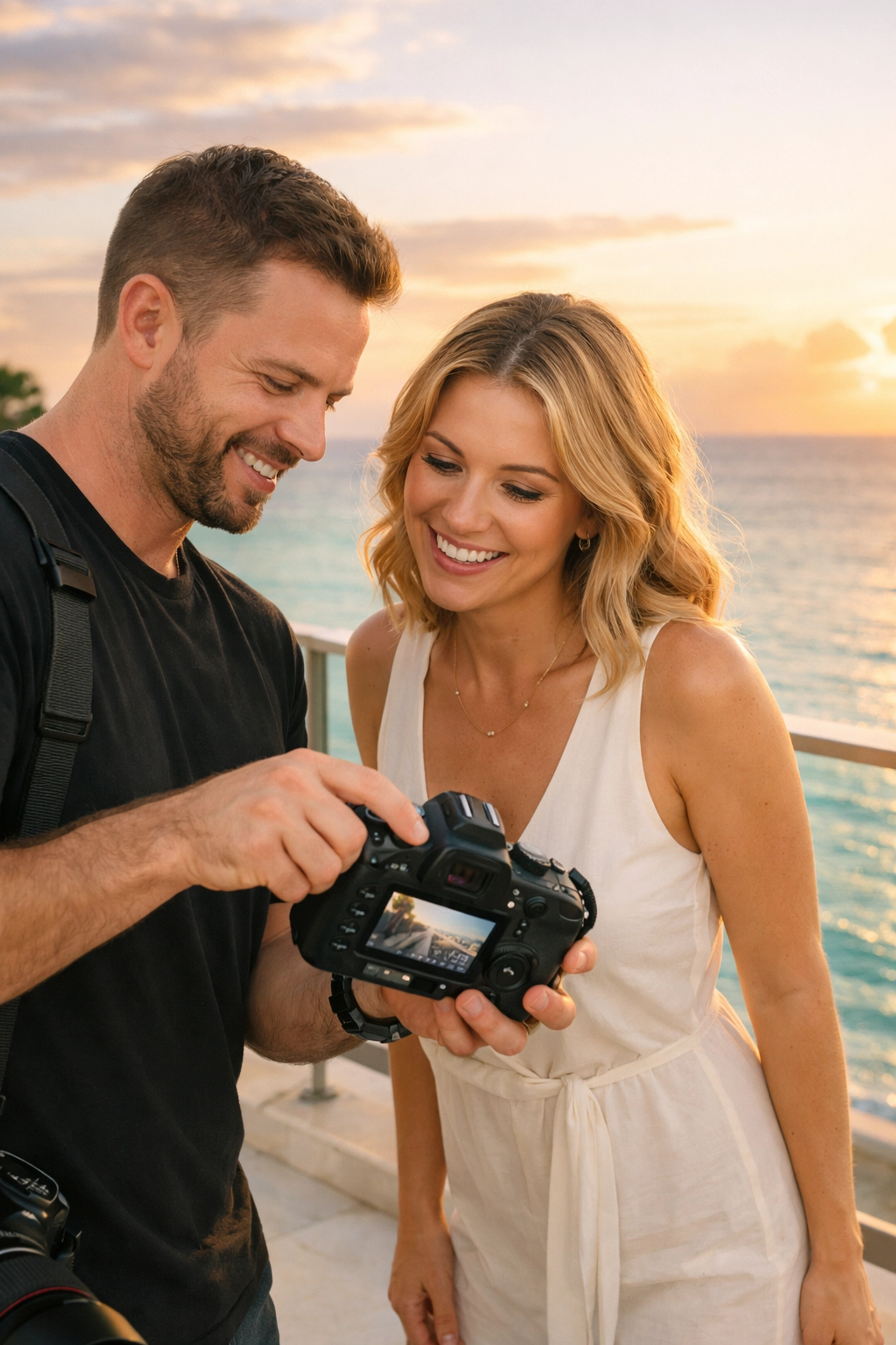 Professional photographer reviewing shots with a client to build trust and scale their business.