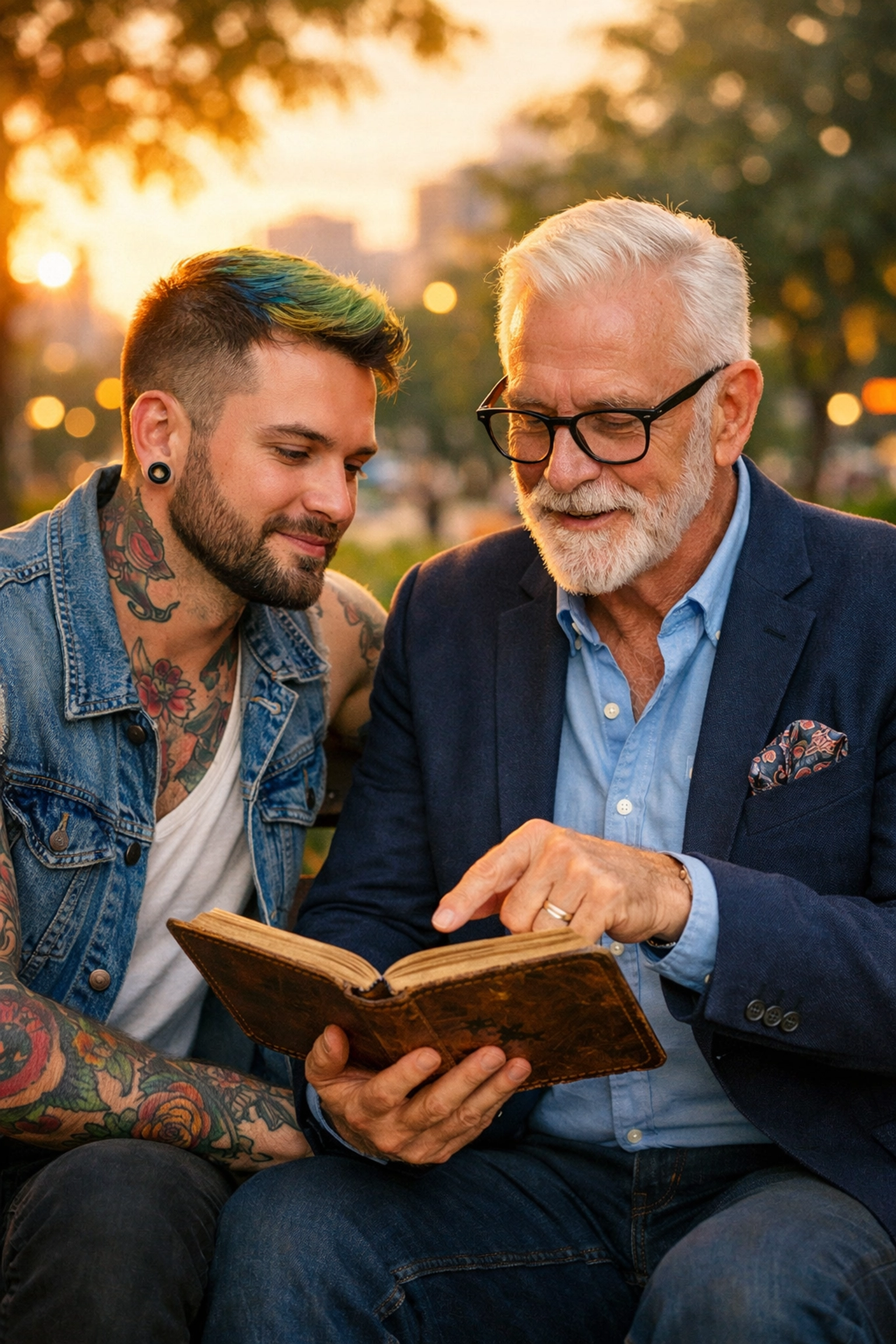 A younger queer man and gay elder connecting over a book, representing the power of LGBTQ+ literature.