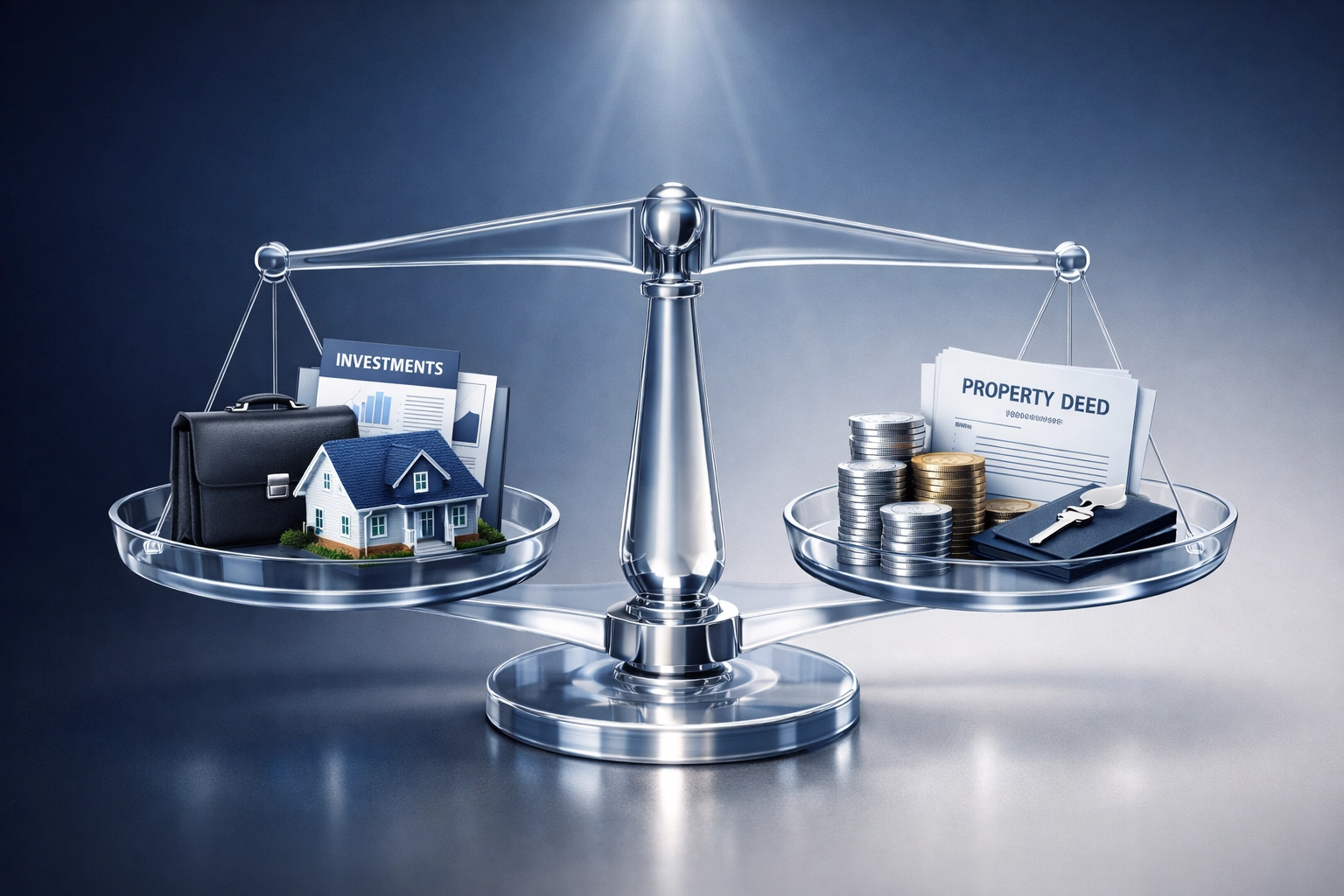 Scale balancing divorce assets including property, business interests, and financial documents