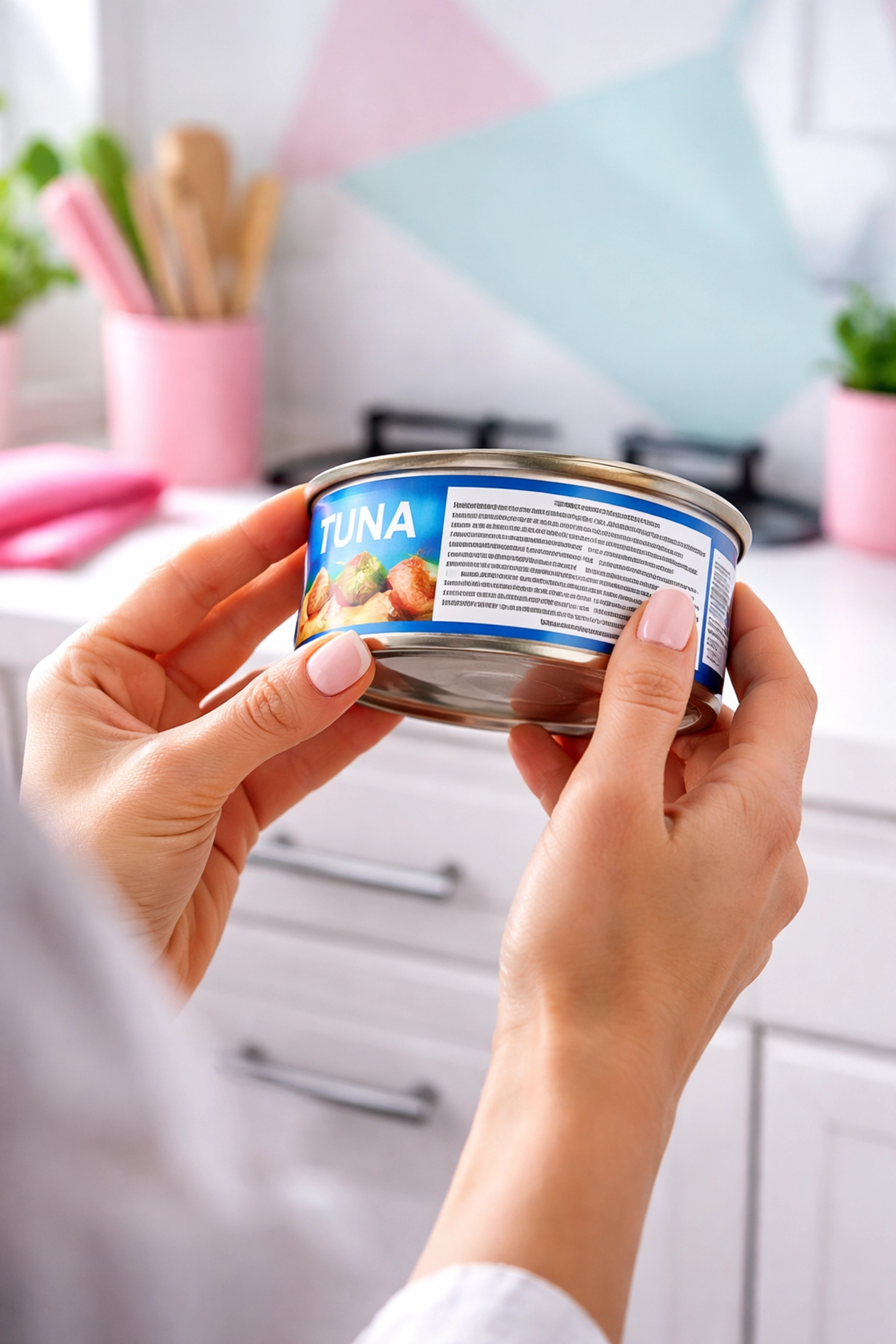 Woman examines canned tuna label closely in a bright kitchen, highlighting 2026 Genova tuna recall concerns