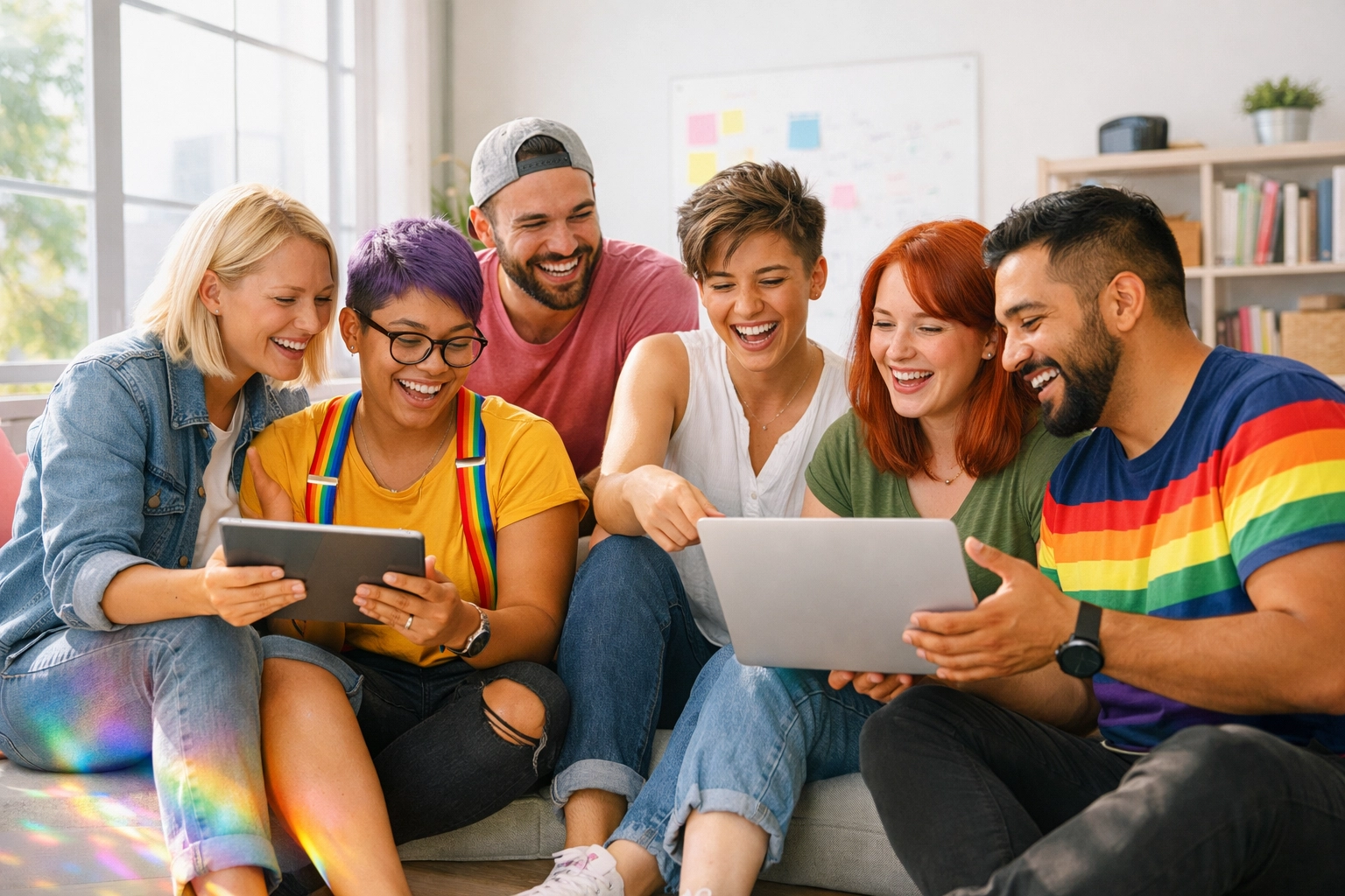 A diverse group of LGBTQ+ creators collaborating on new 2026 gay books in a modern publishing studio.