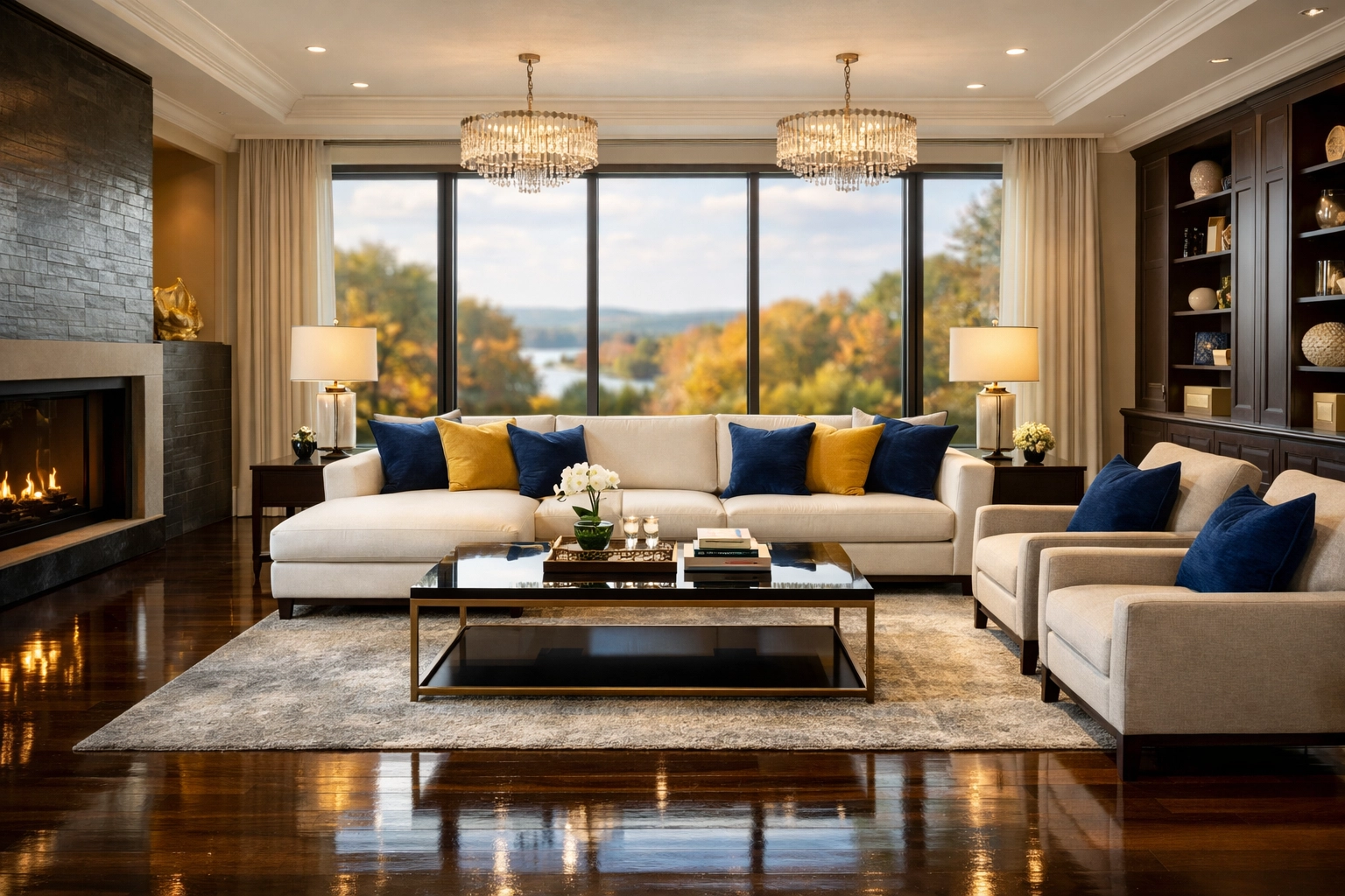 Impeccably clean and dust-free luxury living room in Massachusetts showing results of a deep cleaning MA.
