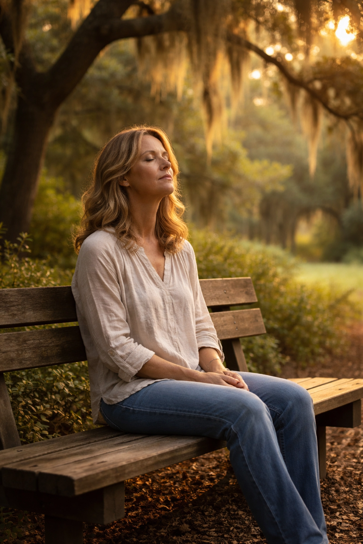 Woman resting on a park bench in a Florida nature preserve, enjoying peaceful stillness and spiritual reflection