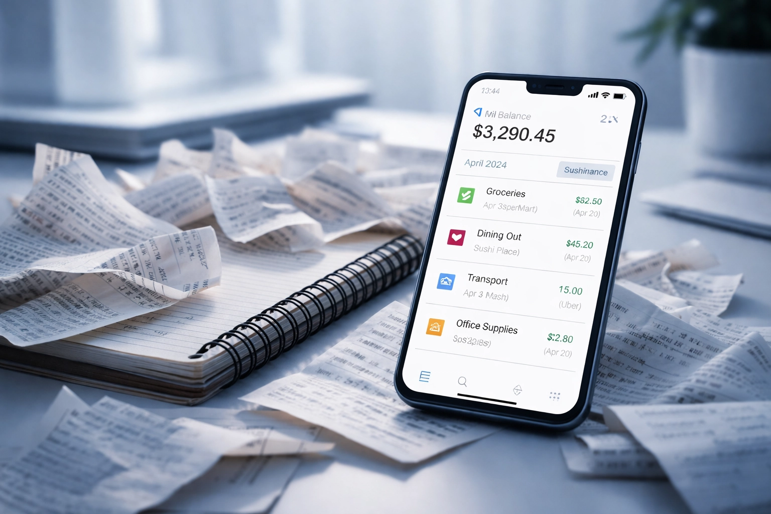 Contrast between messy paper receipts and organized digital tracking
