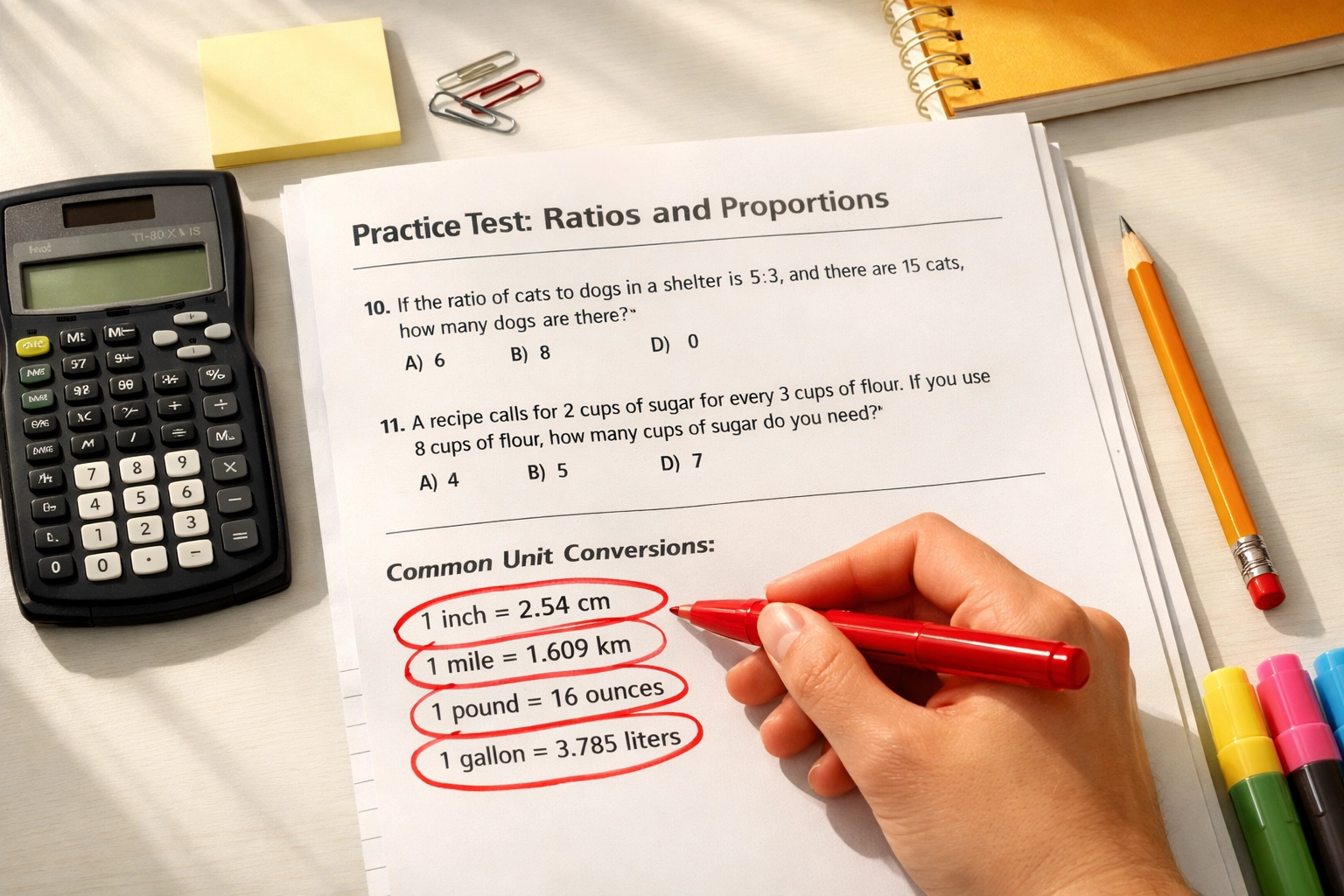 Student circling unit conversions on SAT math practice test with calculator and pencil
