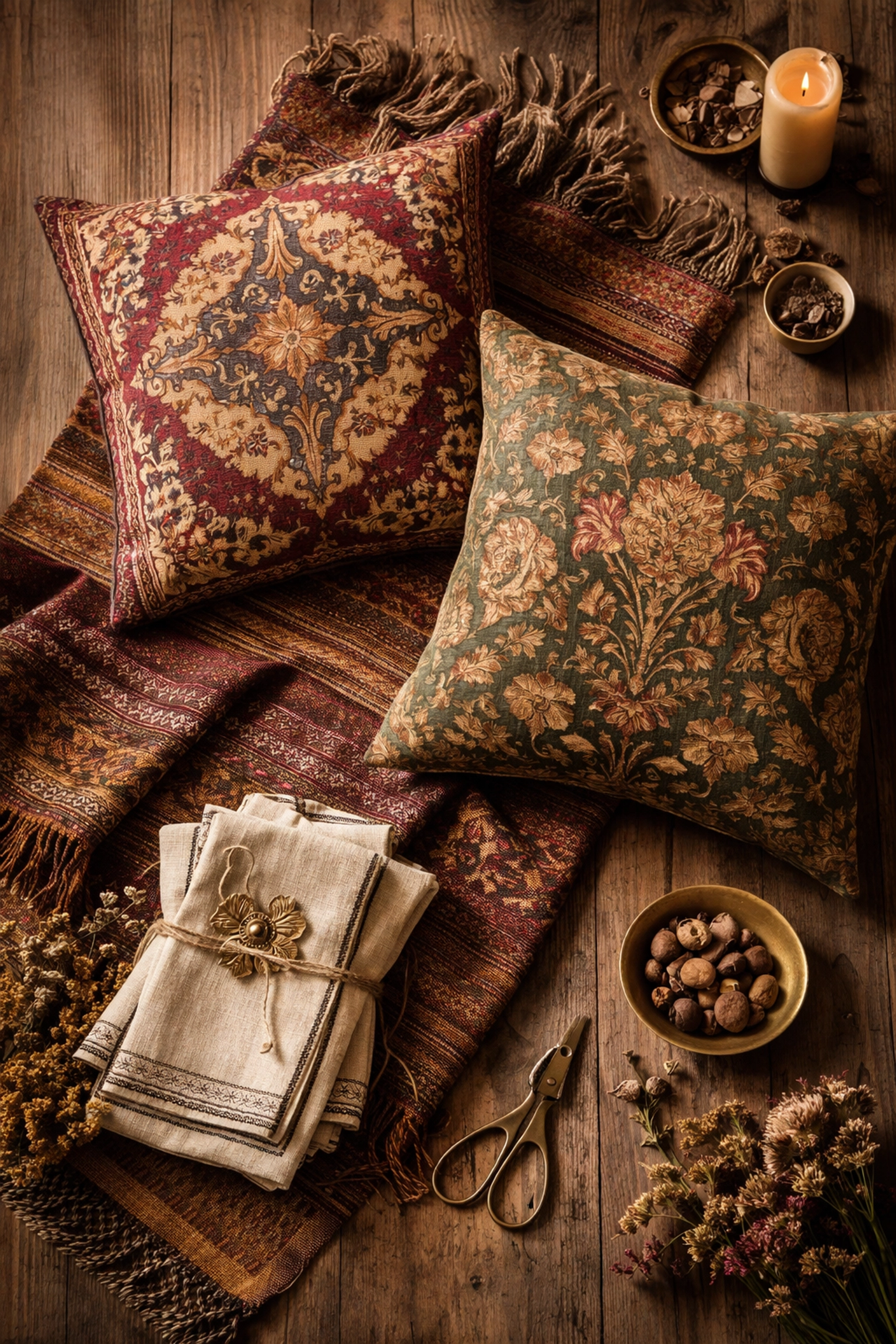 Flat lay of vintage-patterned throw pillows and artisanal textiles on rustic wood, illustrating personalized home decor ideas