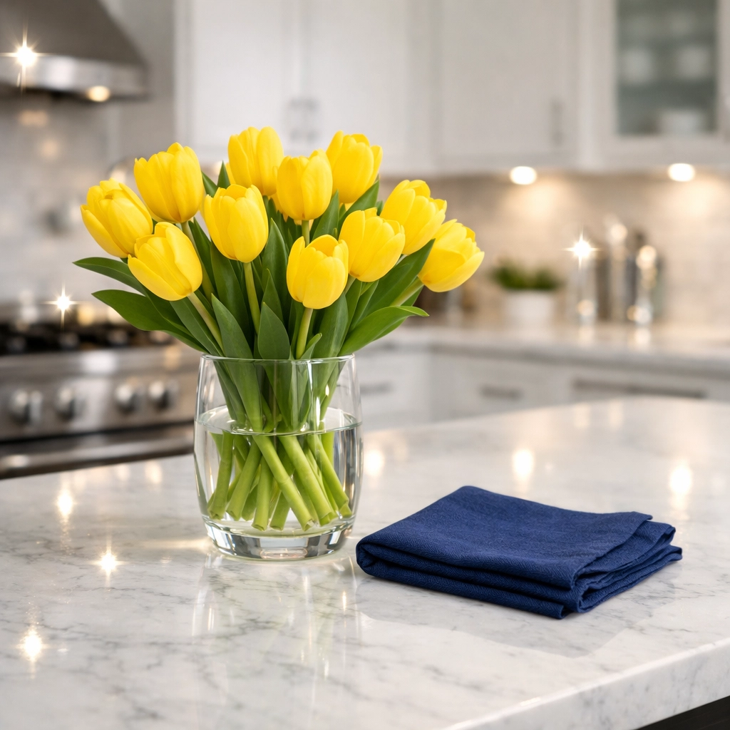 Sparkling white marble kitchen island showing the results of professional deep cleaning services.