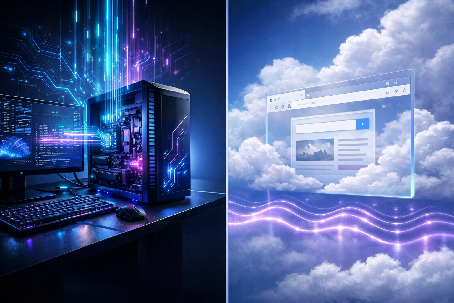 Desktop vs web application performance comparison showing local processing power versus cloud accessibility