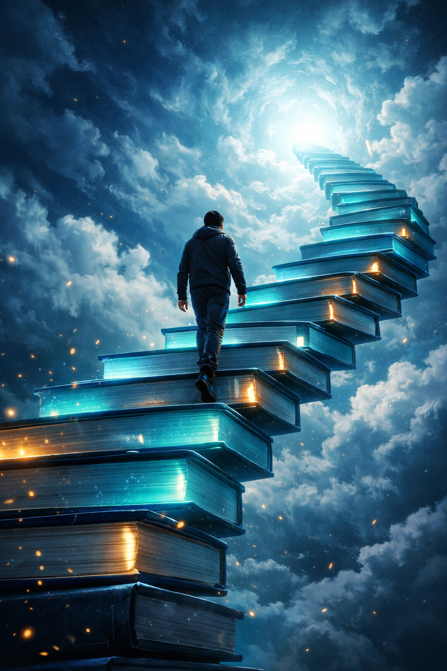 Person climbing a staircase of books representing a continuous journey of growth through knowledge.