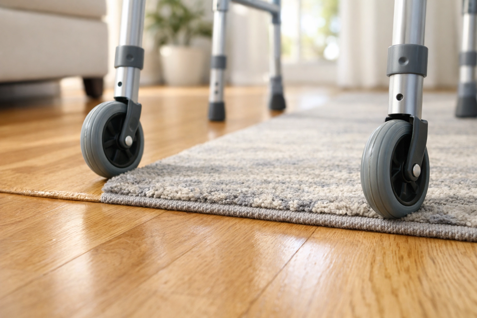 Navigating a walker across different floor surfaces like hardwood and rugs safely.