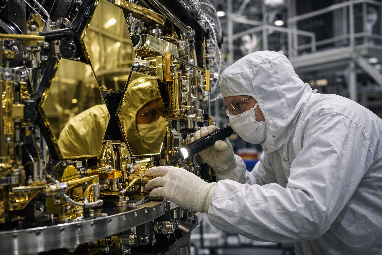 NASA engineer inspecting the gold optical components of the Nancy Grace Roman Space Telescope in a clean room.