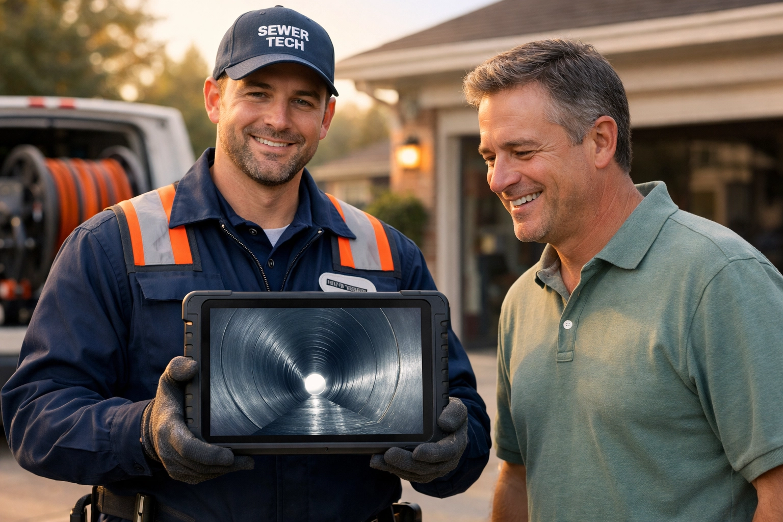 Commerce City technician showing a homeowner clear sewer pipe inspection results on a digital tablet.