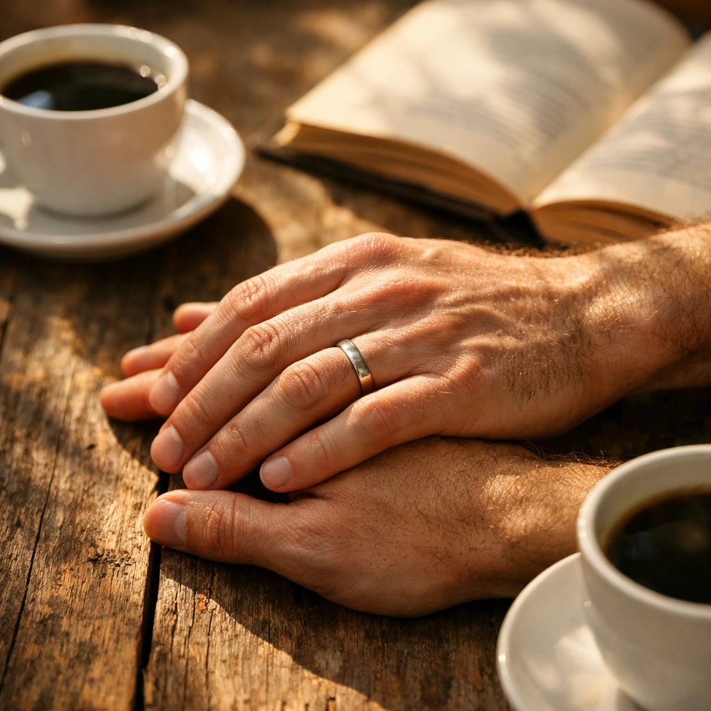 Two men's hands intertwined with wedding band symbolizing lasting gay love and commitment