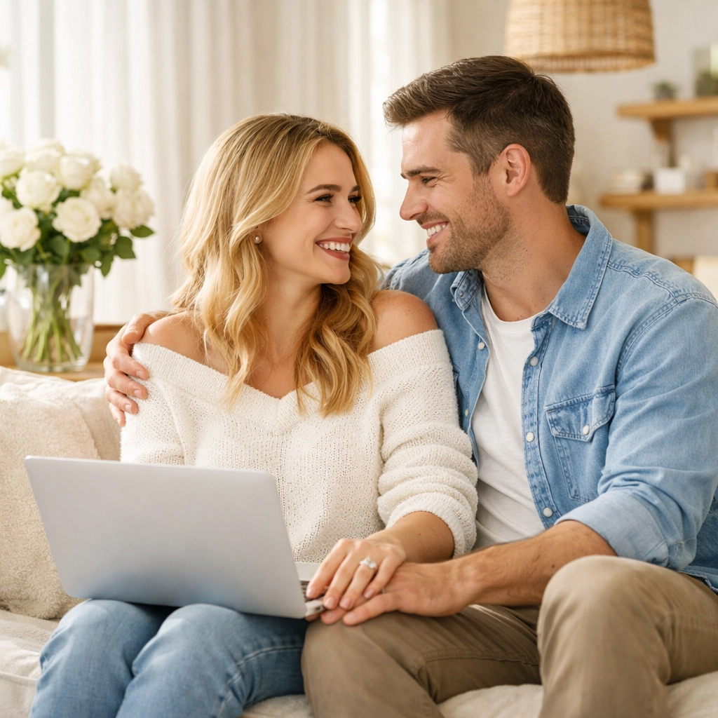 Engaged couple using a laptop to plan their debt-free wedding fund in a sunlit living room.