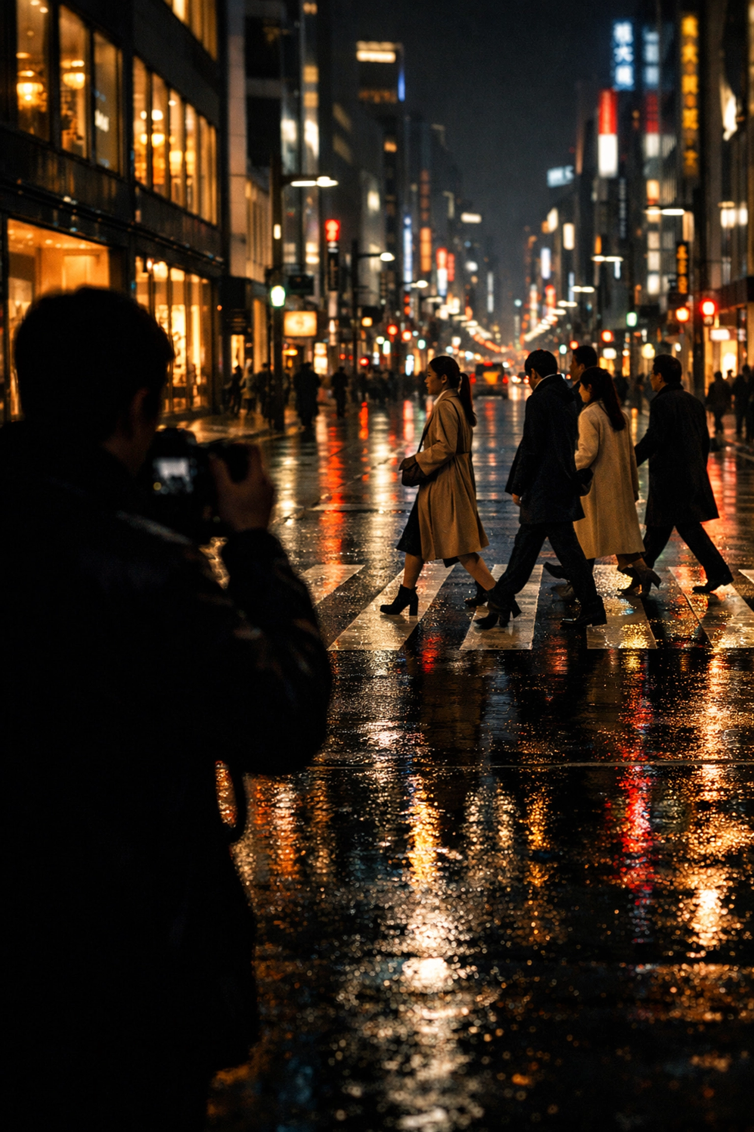 Nighttime street photography of Ginza Tokyo with luxury storefront lights and rain reflections.