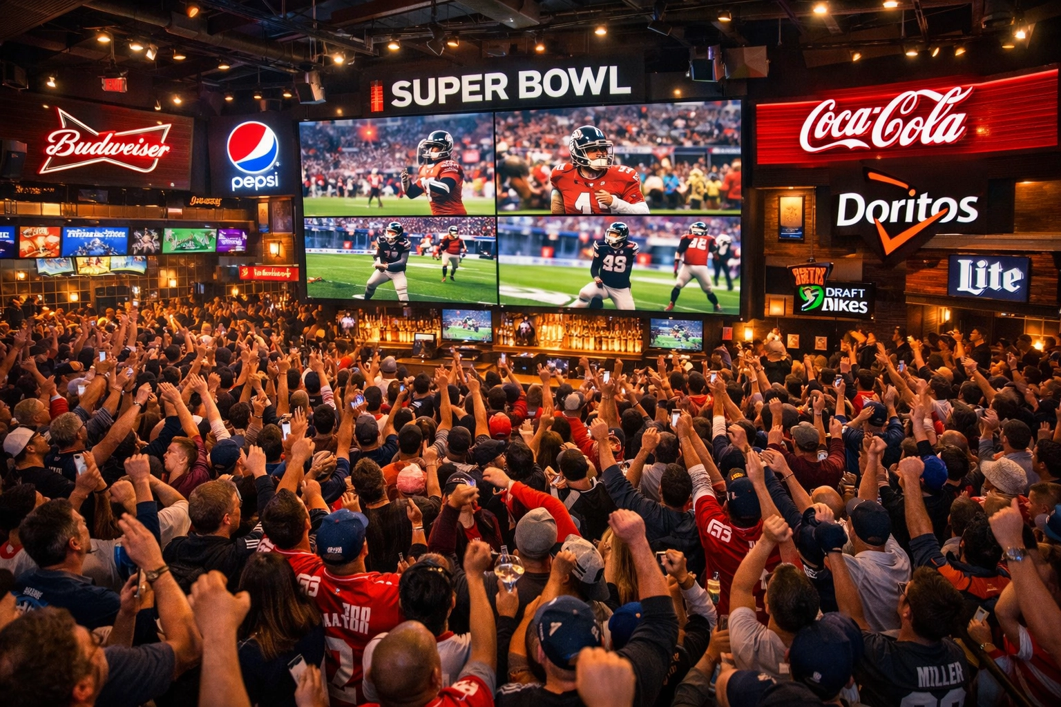 Packed sports bar with fans watching Super Bowl on multiple screens with brand advertising displays