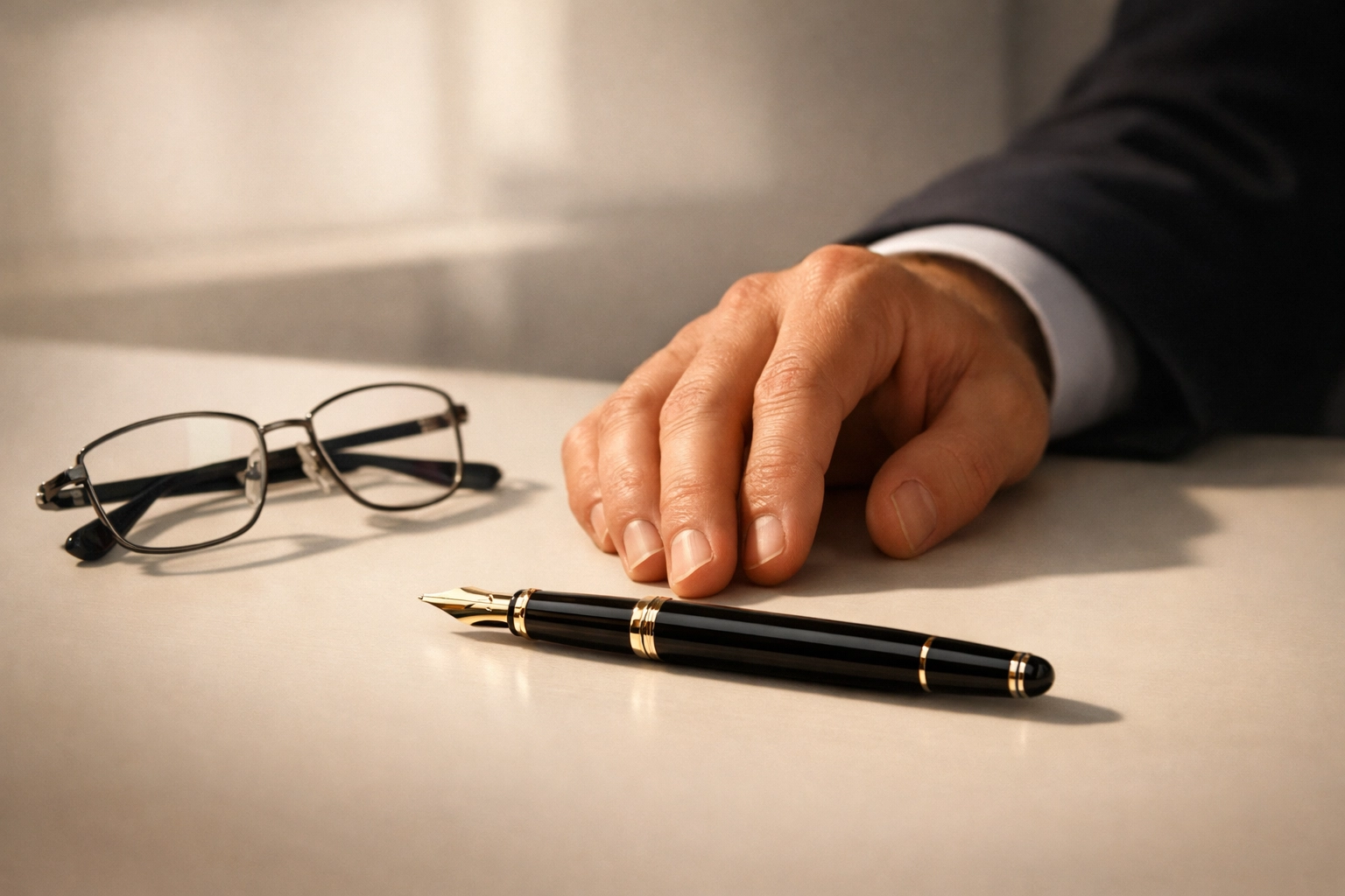A professional desk setup with a pen and glasses, symbolizing trust in Pnc Notary & Legal Services for legal signings.