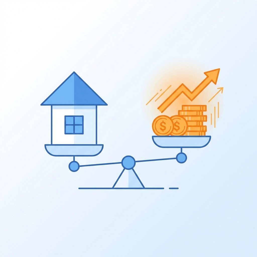 Stylized house and gold coins on a balance scale representing added property value from loft insulation