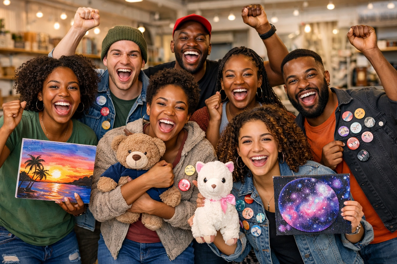 Happy group showing off their DIY party projects from a Craft Factory DMV workshop event.