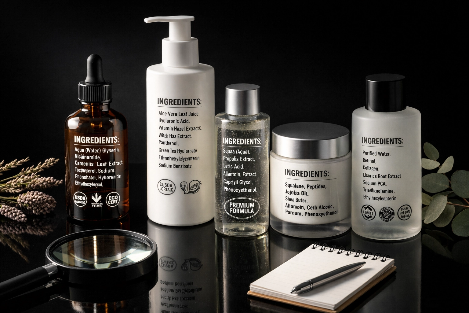 Clean beauty skincare products with certification badges and transparent ingredient lists