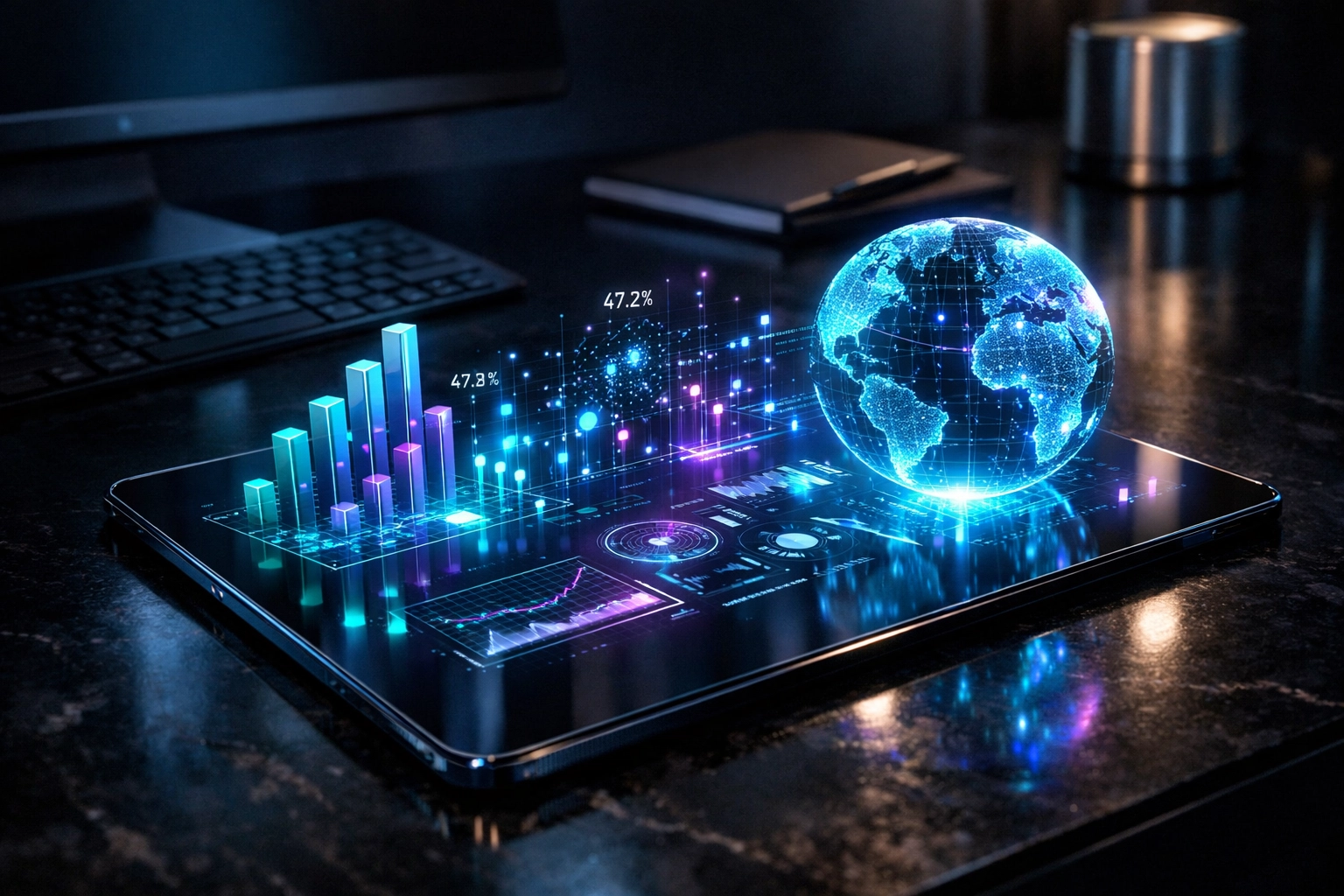 A futuristic Larecoin merchant portal dashboard showing holographic charts and global data tracking.