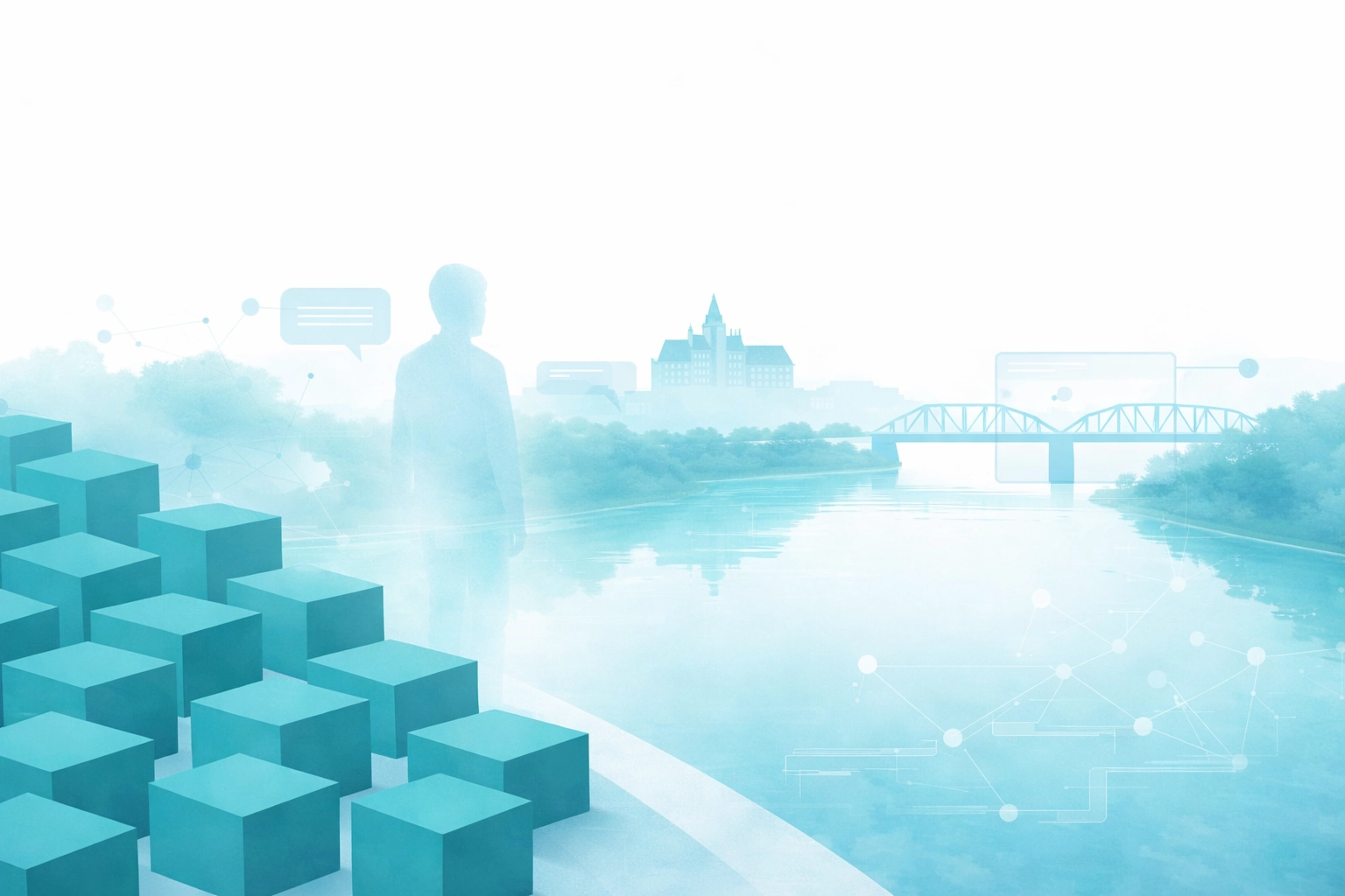 Minimalist teal-and-blue geometric art of a ghostly lead fading near the South Saskatchewan River with a Saskatoon bridge and the Delta Bessborough silhouette, plus subtle AI search nodes.