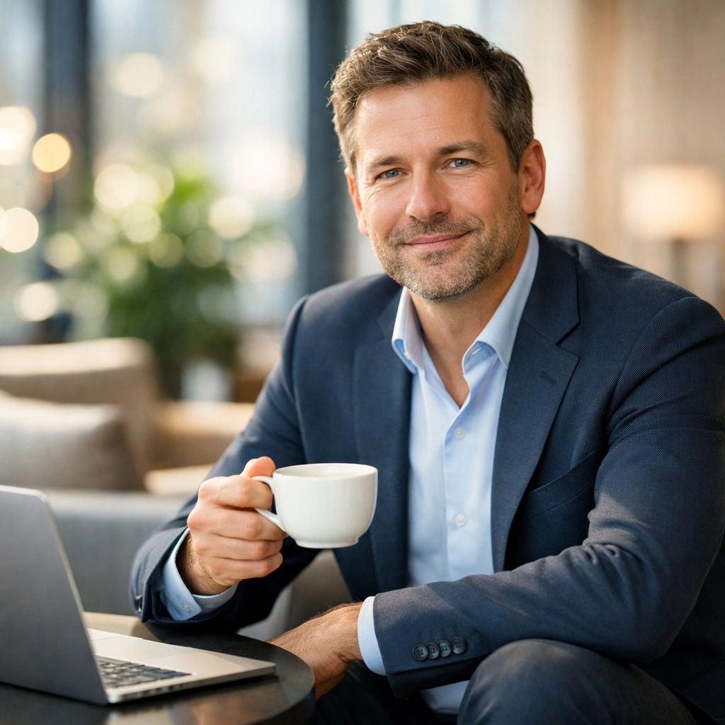 A calm founder drinking coffee, reflecting on the success of their automated sales funnel strategy.