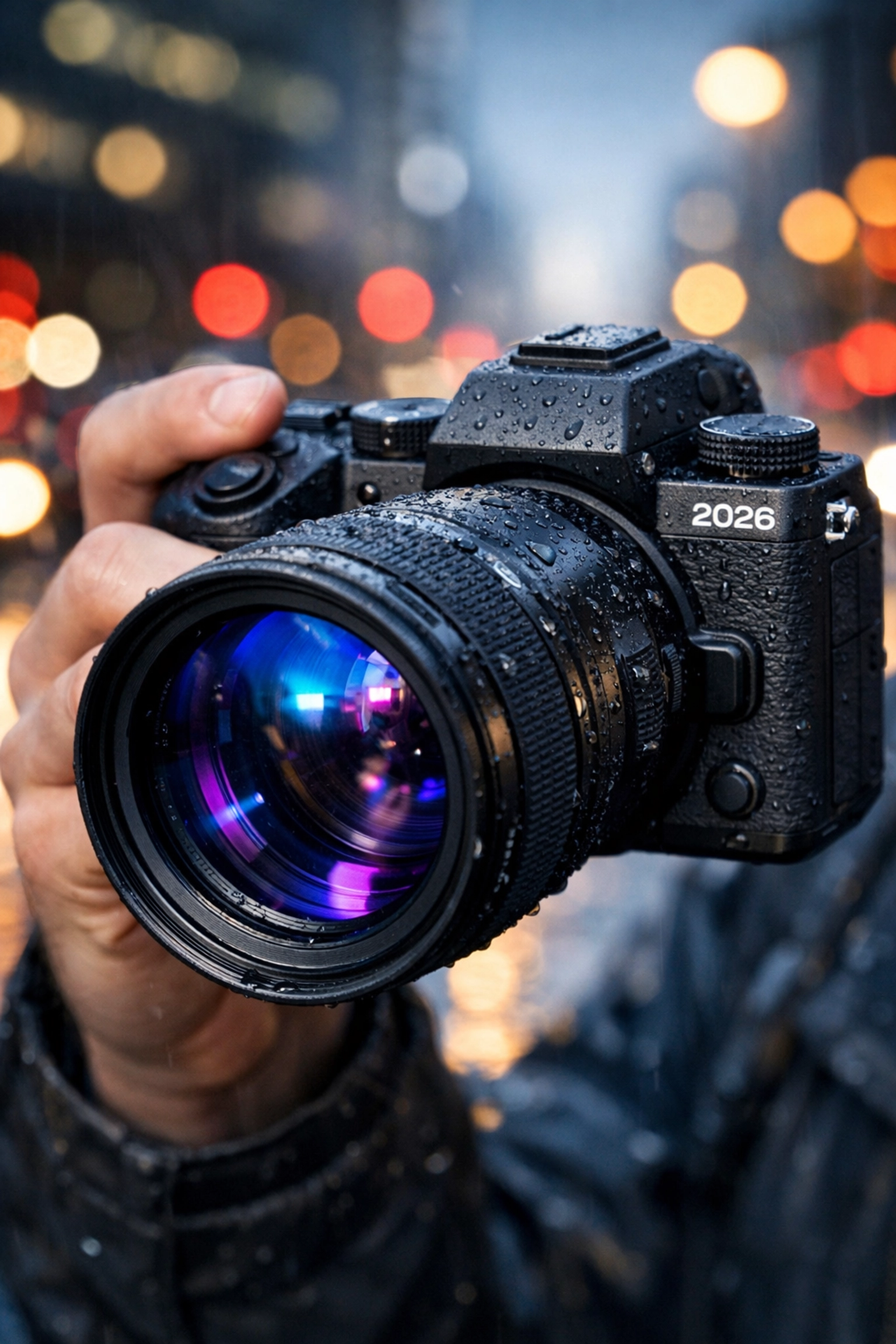Professional 2026 mirrorless camera with weather sealing held in a cinematic urban environment.