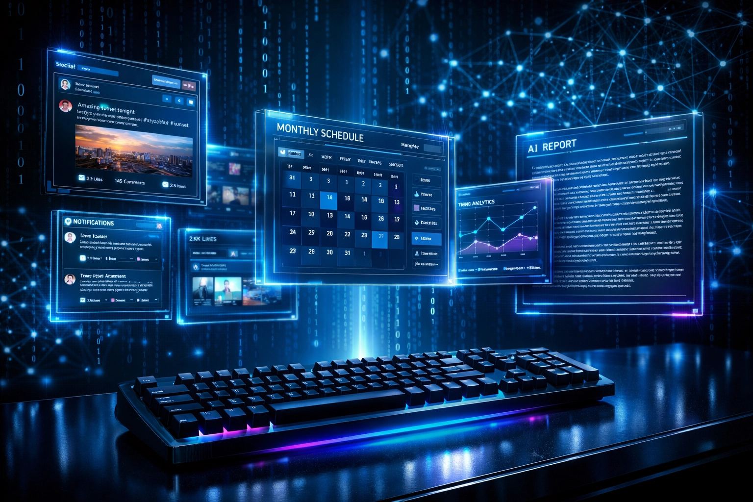 AI-powered social media management interface with multiple content screens by Simon Leung